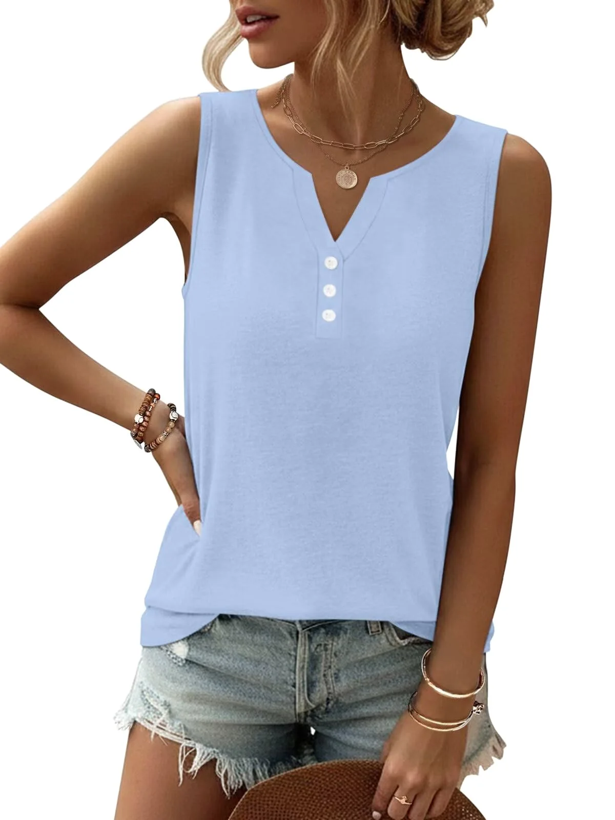 TICTICMIMI Button V-neck tank in Blue