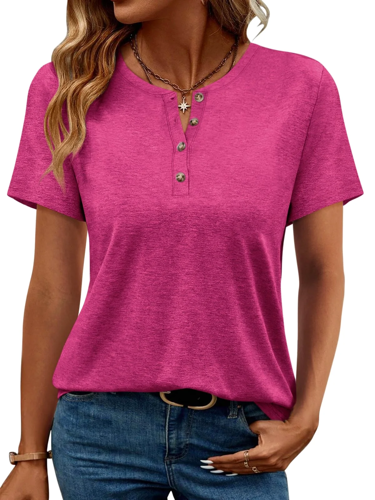TICTICMIMI Classic short sleeve henley in Hot Pink