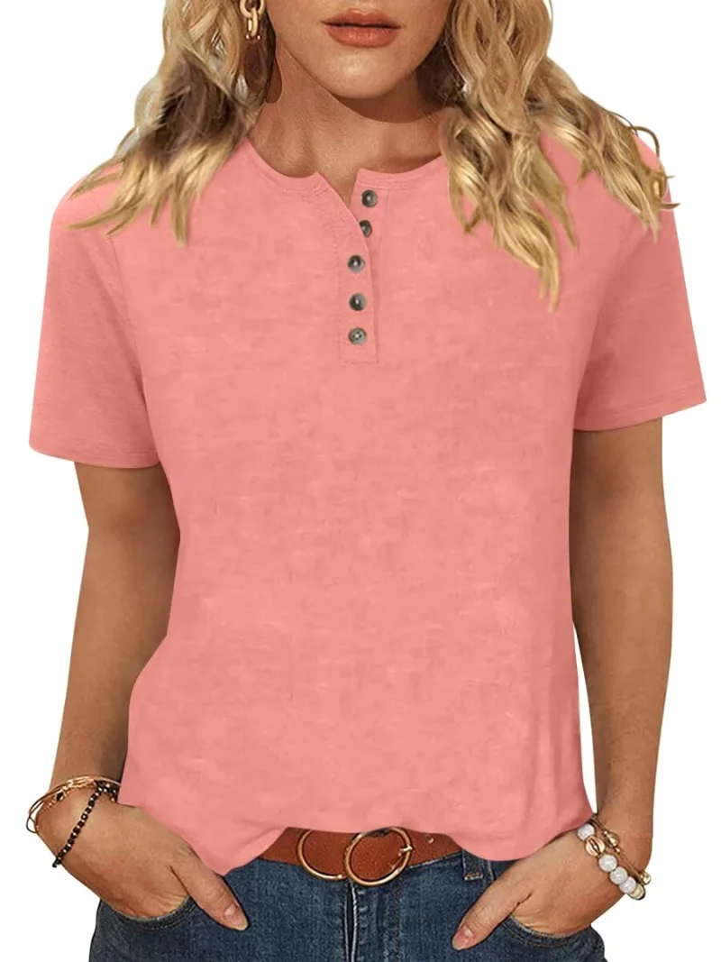 TICTICMIMI Crewneck button henley tee in Coral