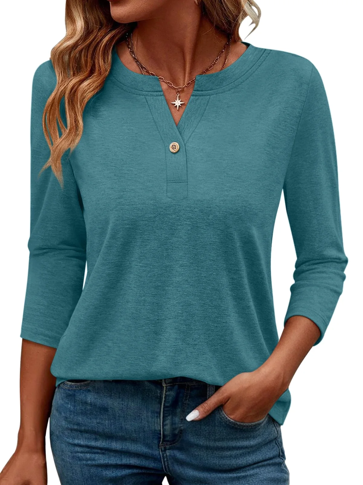 TICTICMIMI Henley V-neck relaxed tunic in Teal