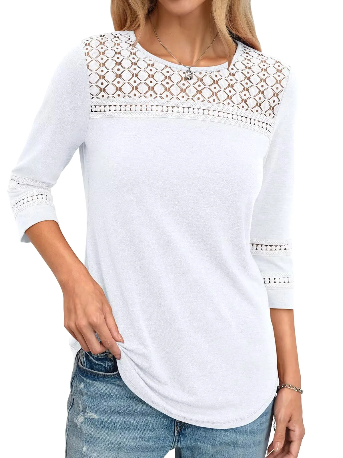 TICTICMIMI Hollow-out lace 3/4 sleeve tunic in White
