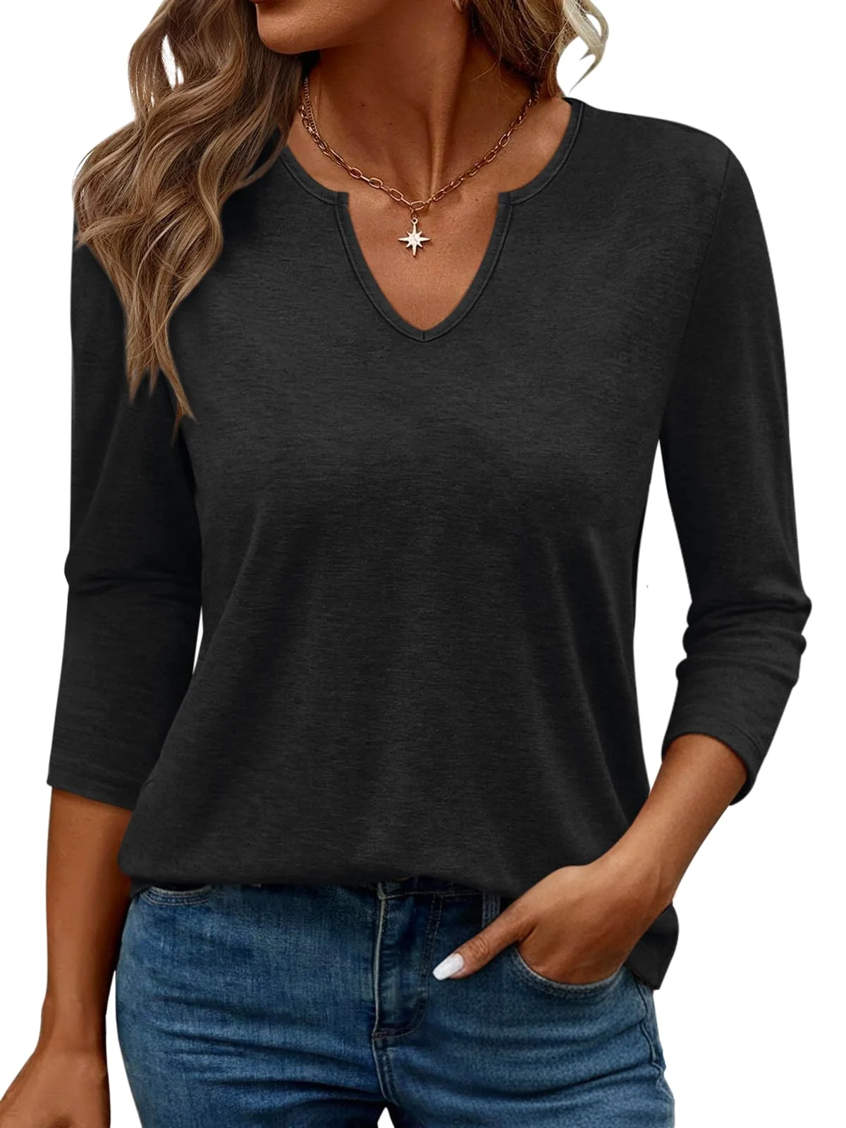TICTICMIMI Loose V-neck 3/4 sleeve tee in Black