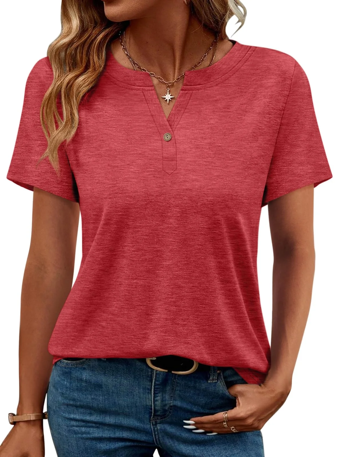 TICTICMIMI Notch V-neck henley tee in Red