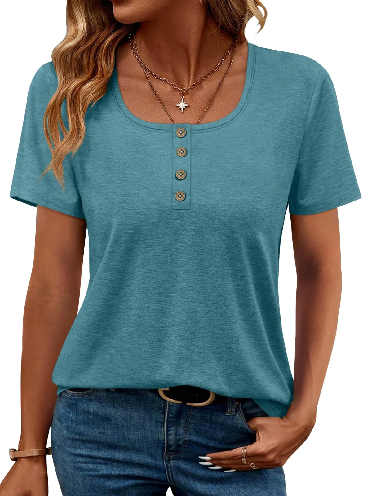 TICTICMIMI Scoop neck short sleeve henley in Teal