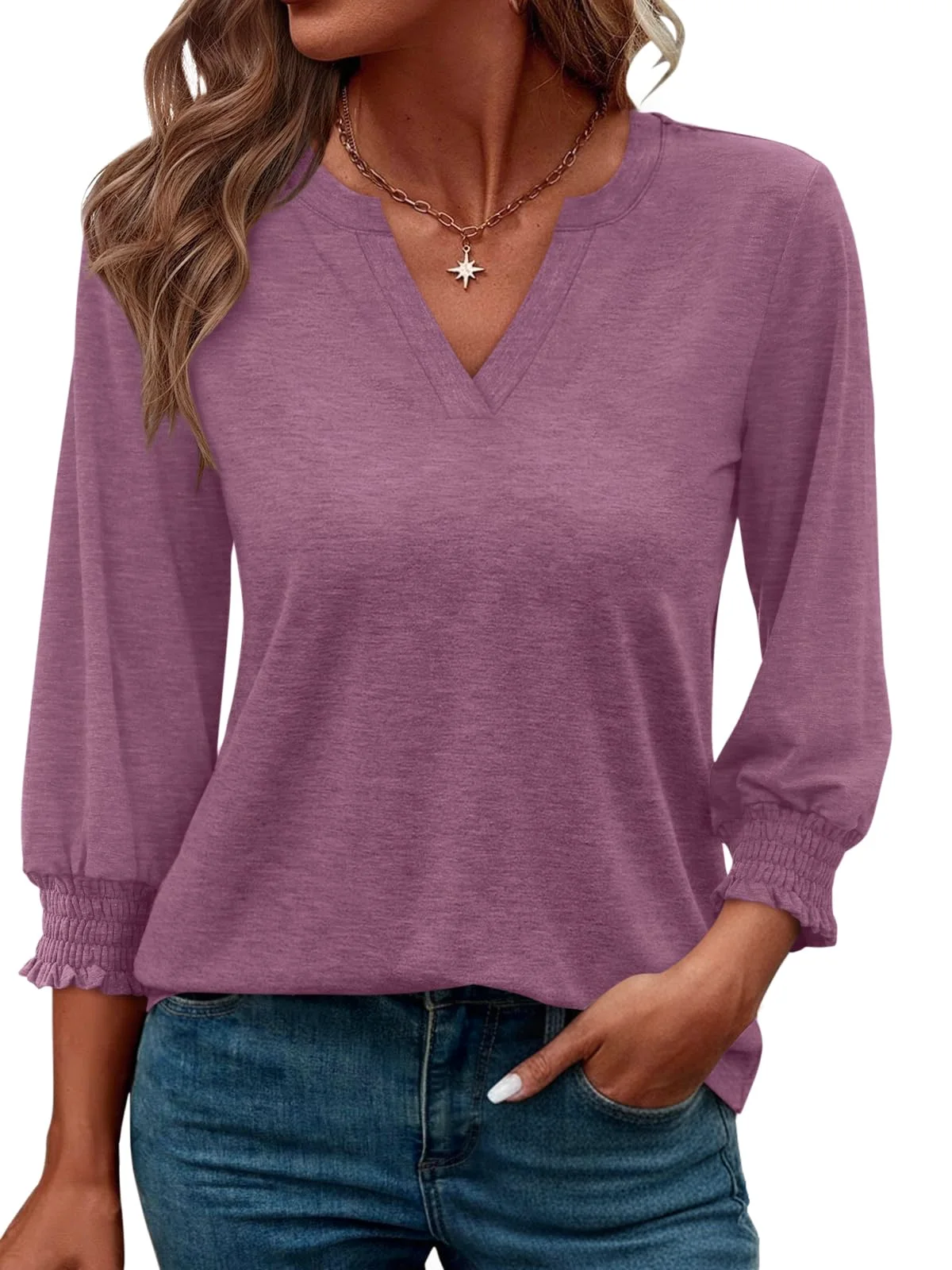 TICTICMIMI Smocked-cuff V-neck 3/4 sleeve top in Wine