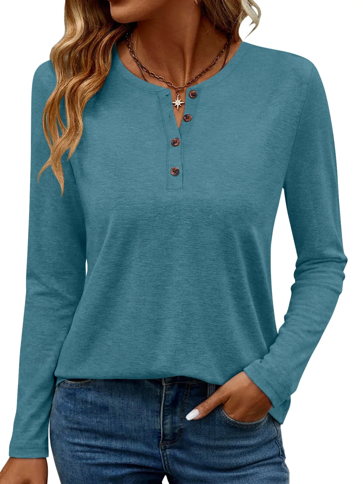 TICTICMIMI Split-neck long sleeve henley in Teal