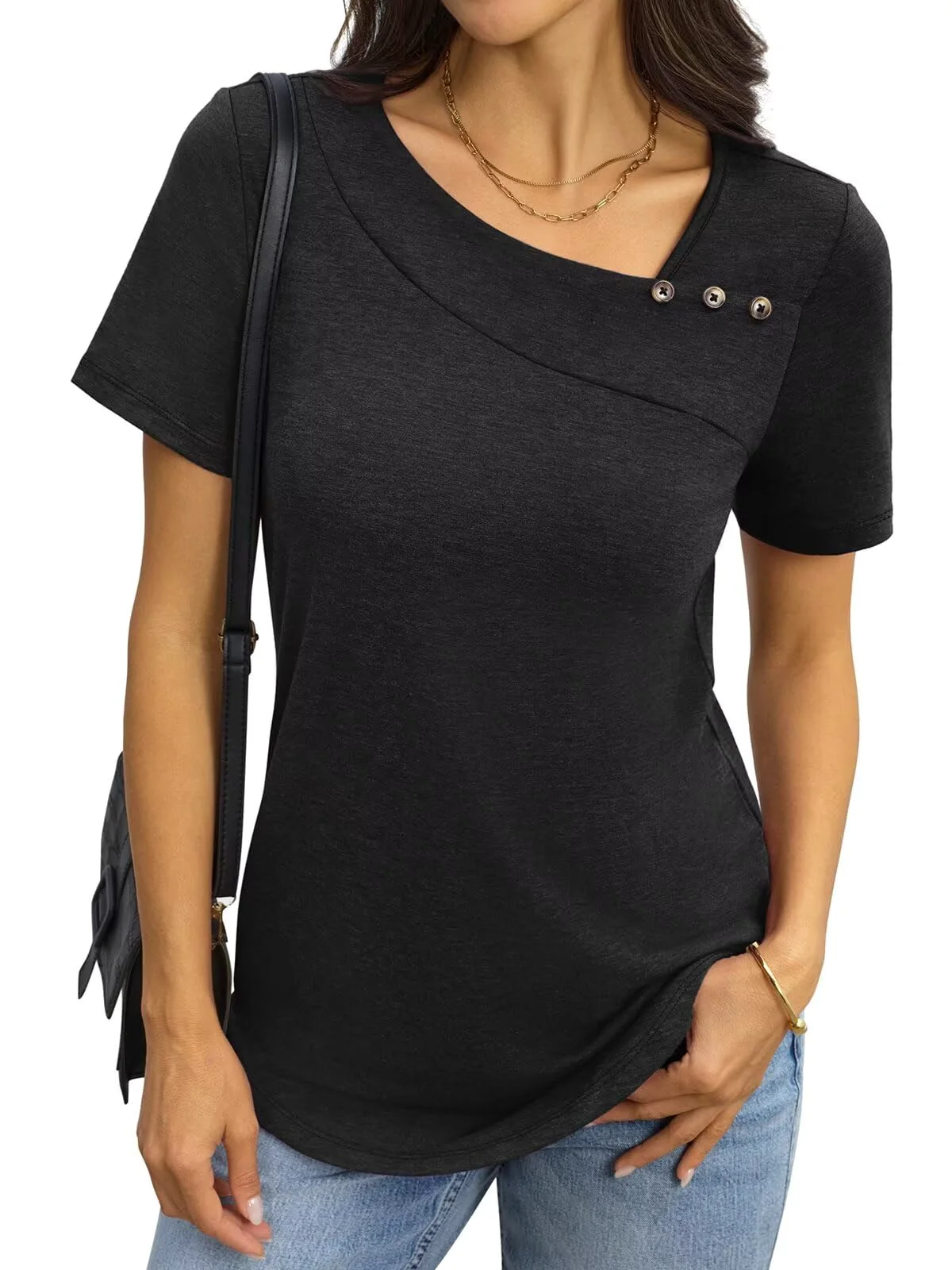 TICTICMIMI Asymmetric neck curved-hem tee in Black