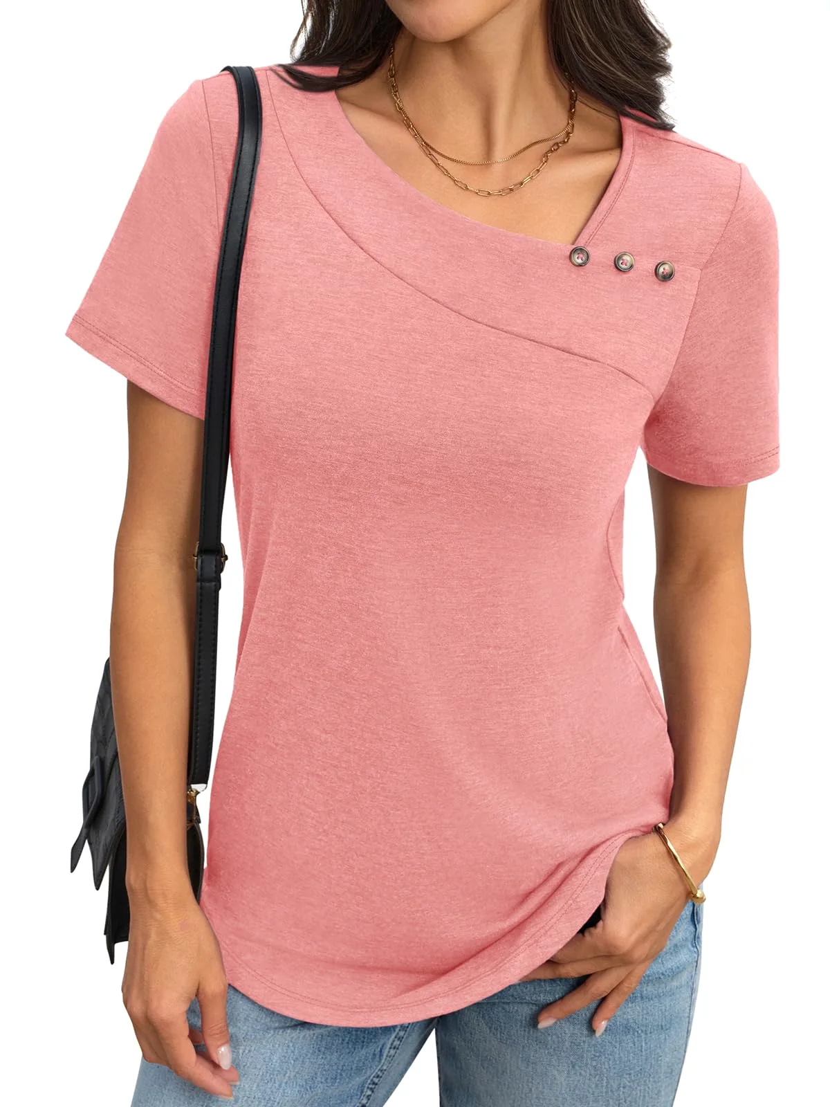 TICTICMIMI Asymmetric neck curved-hem tee in Coral