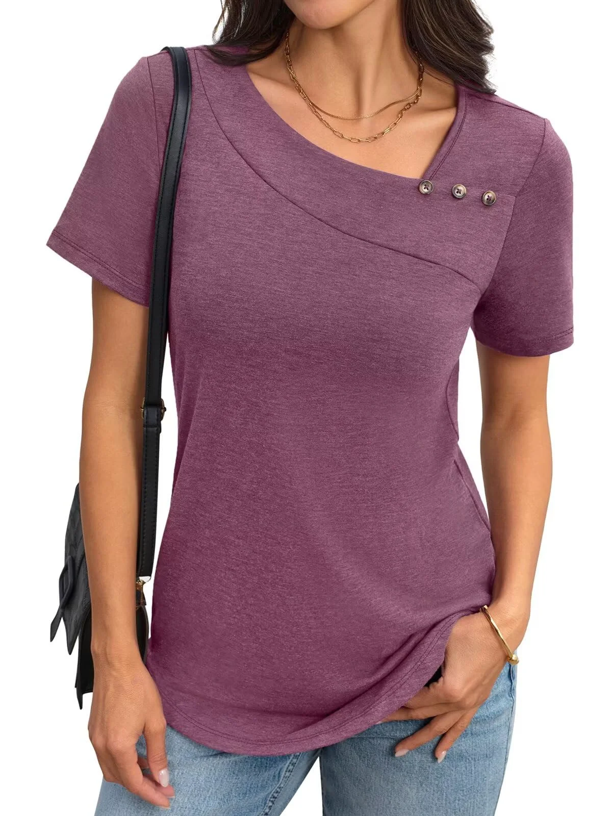 TICTICMIMI Asymmetric neck curved-hem tee in Plum