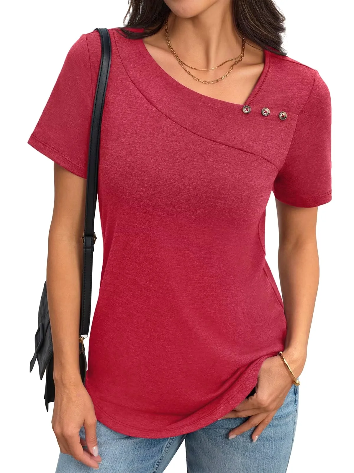 TICTICMIMI Asymmetric neck curved-hem tee in Red