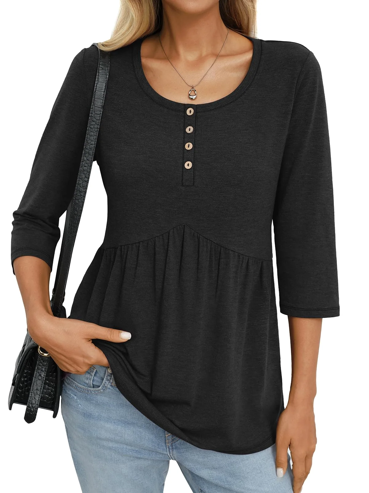 TICTICMIMI Babydoll henley 3/4 sleeve blouse in Black