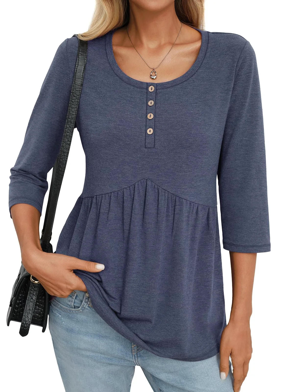 TICTICMIMI Babydoll henley 3/4 sleeve blouse in Midnight Blue