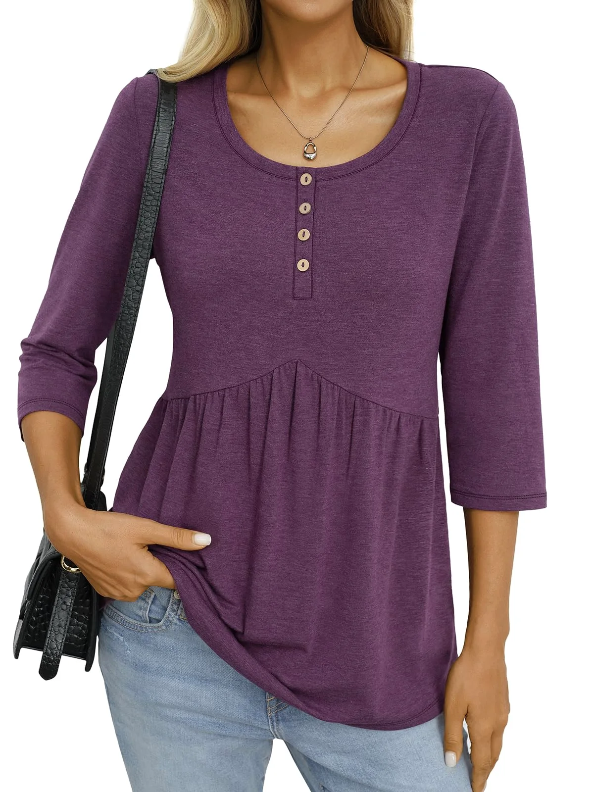 TICTICMIMI Babydoll henley 3/4 sleeve blouse in Plum Purple