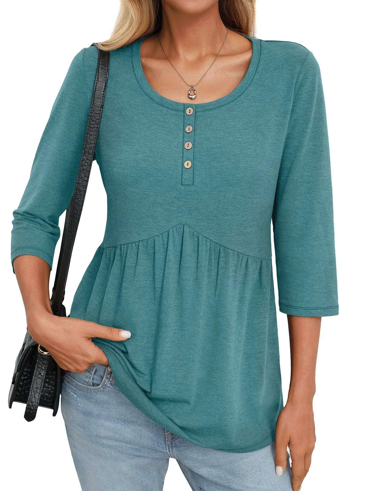 TICTICMIMI Babydoll henley 3/4 sleeve blouse in Teal