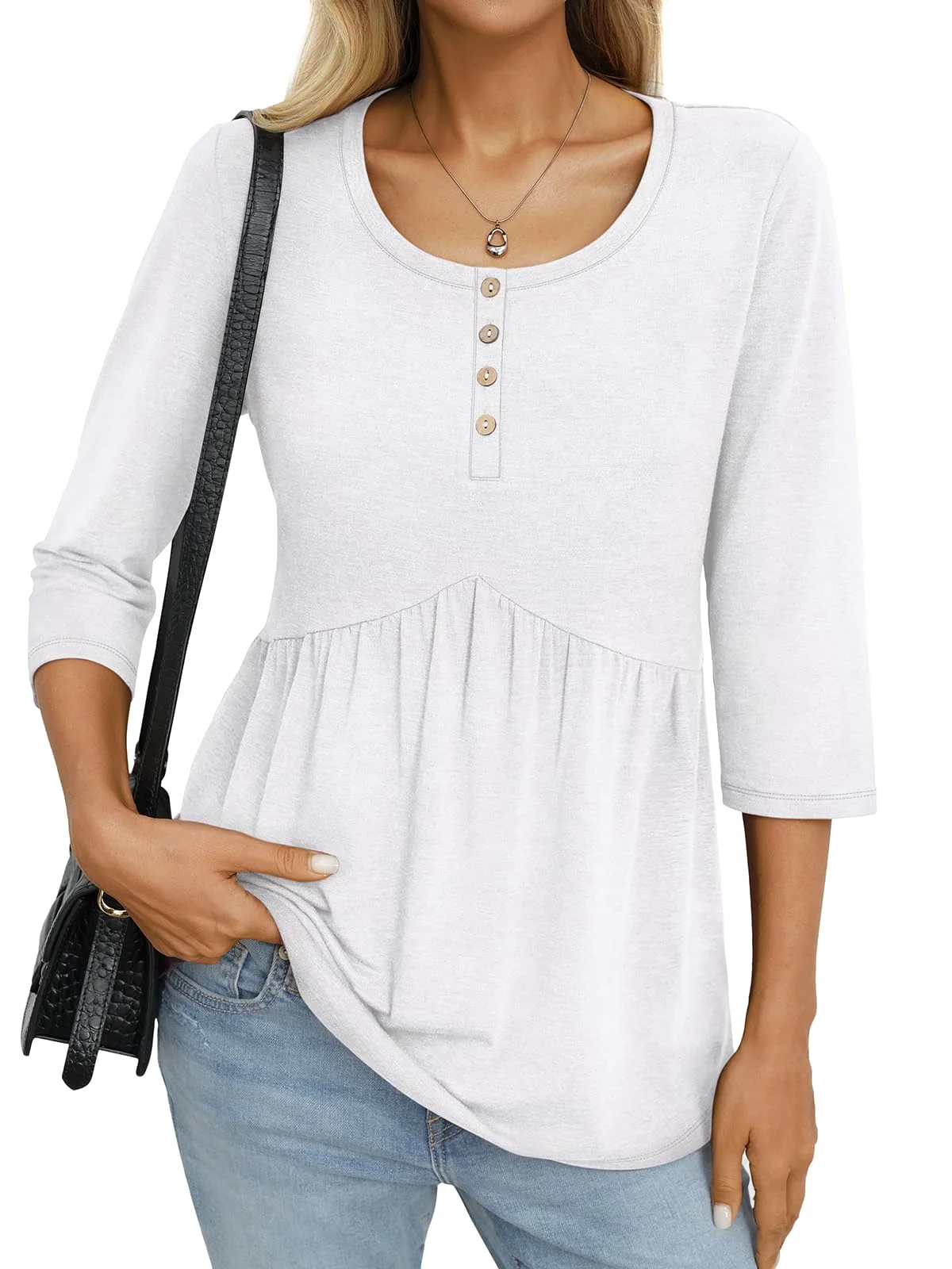TICTICMIMI Babydoll henley 3/4 sleeve blouse in White