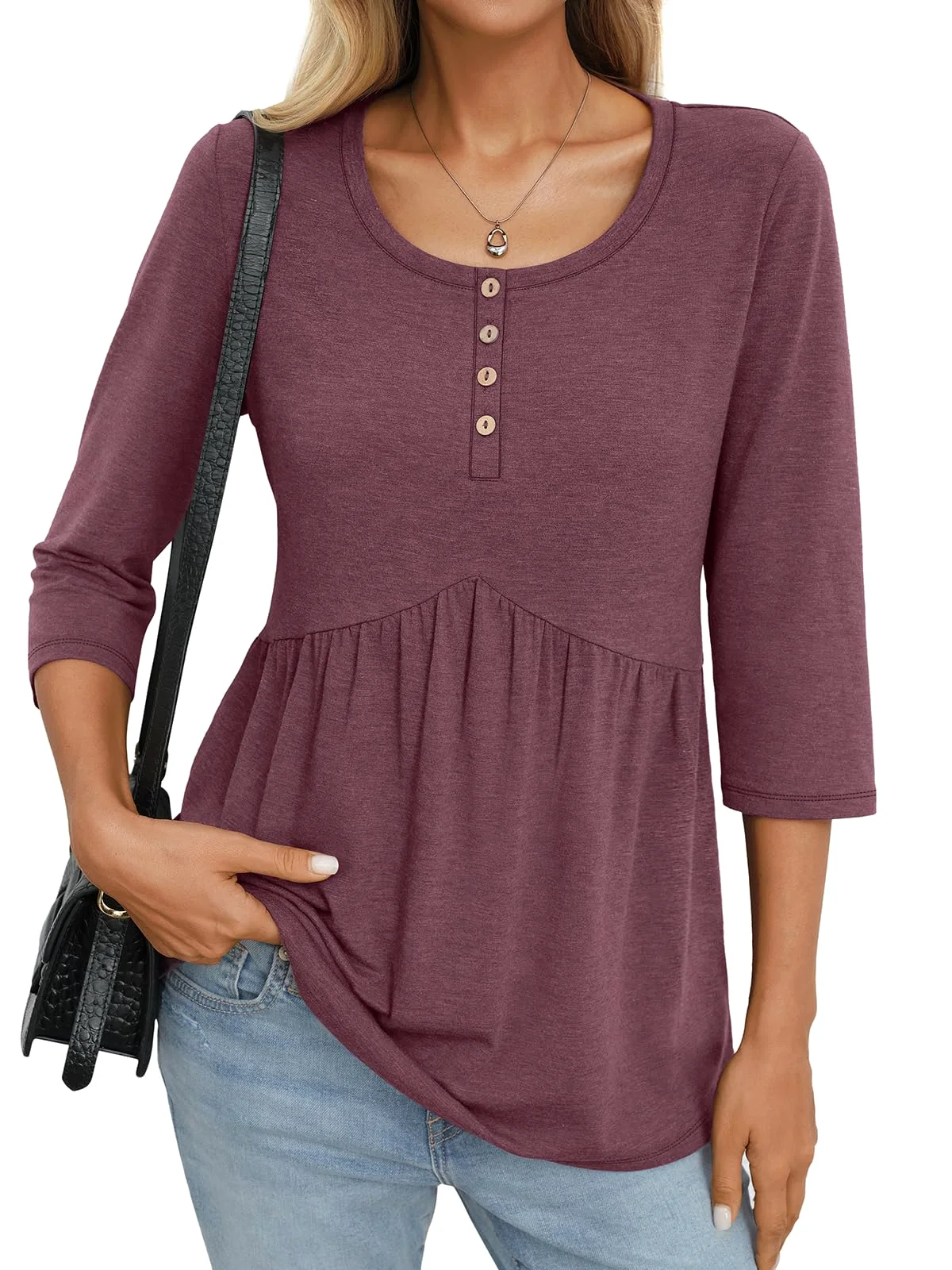 TICTICMIMI Babydoll henley 3/4 sleeve blouse in Wine Red
