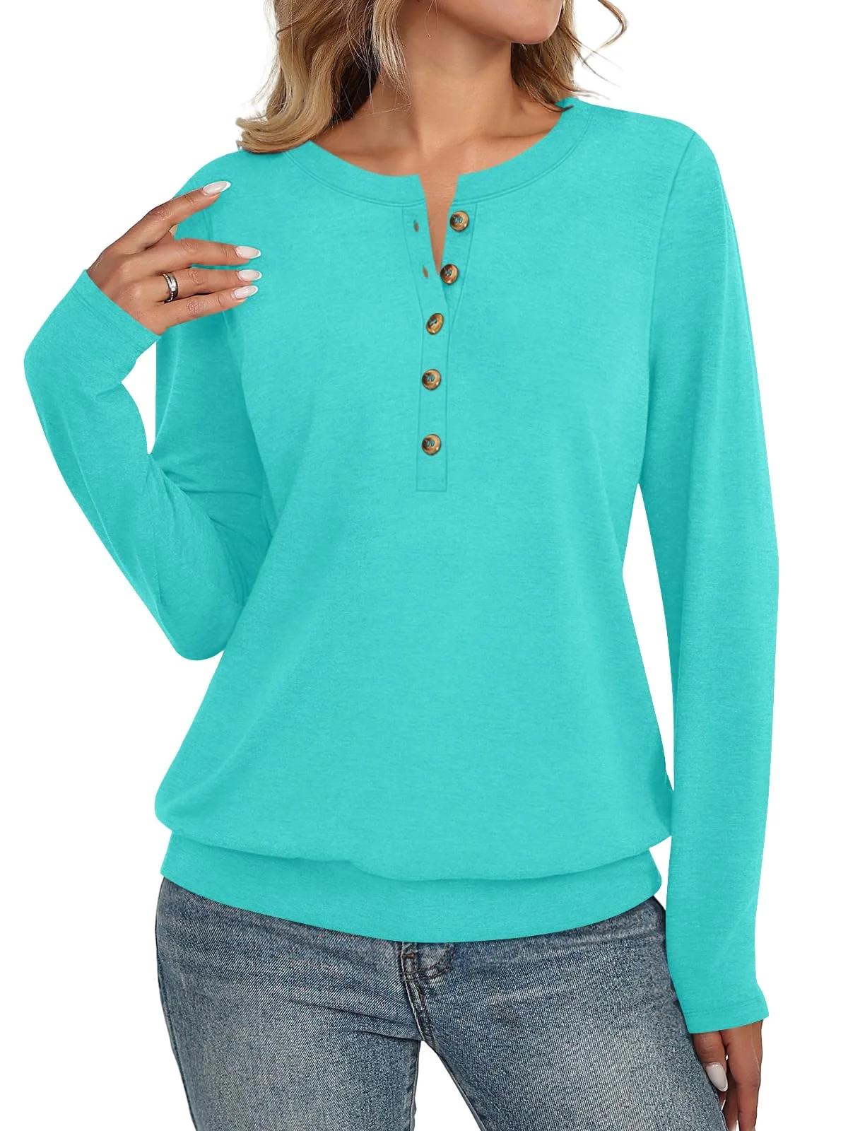 TICTICMIMI Banded-hem long sleeve henley in Aqua