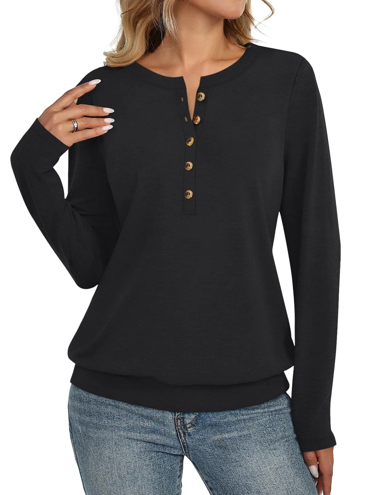 TICTICMIMI Banded-hem long sleeve henley in Black