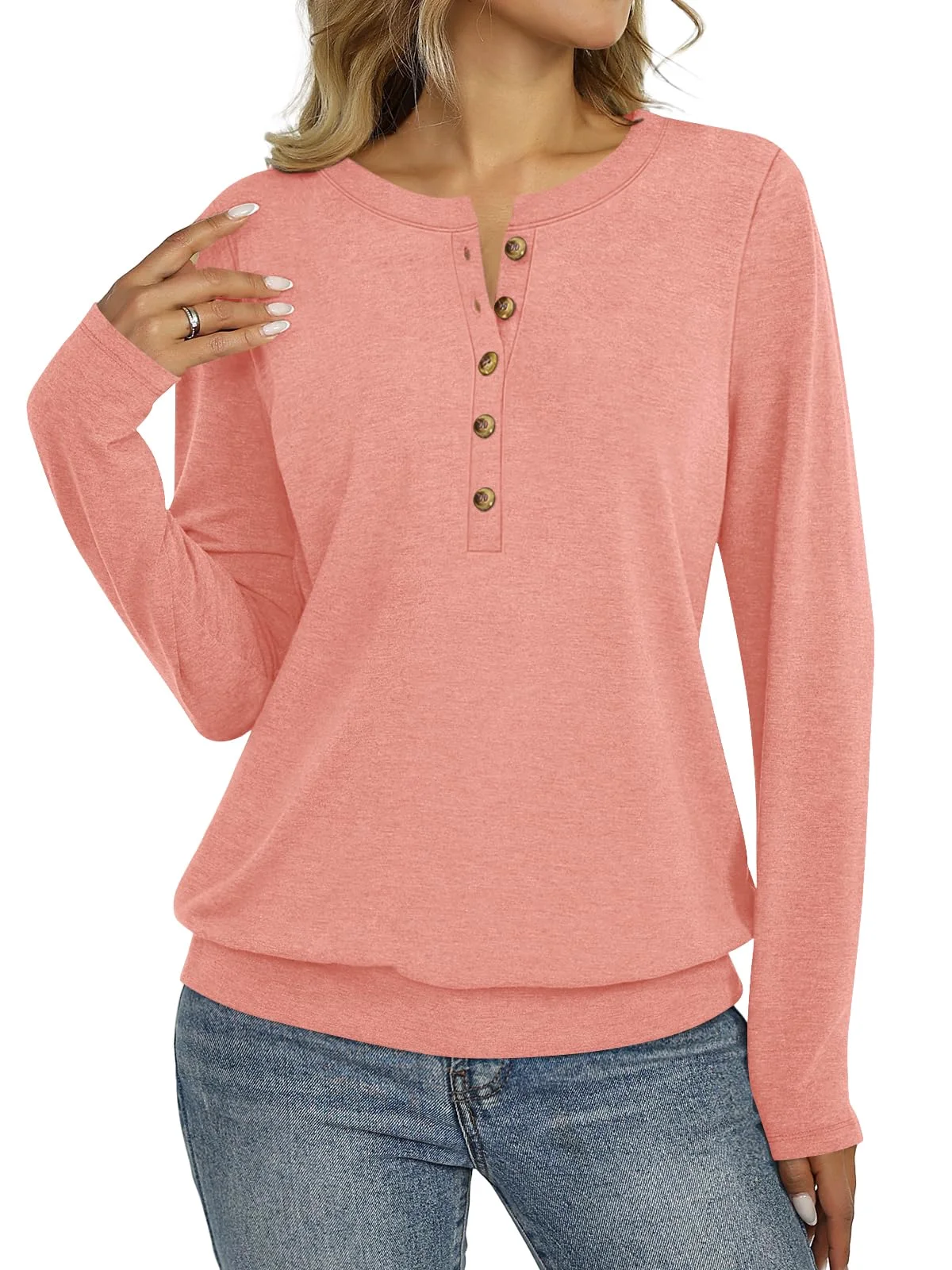 TICTICMIMI Banded-hem long sleeve henley in Coral