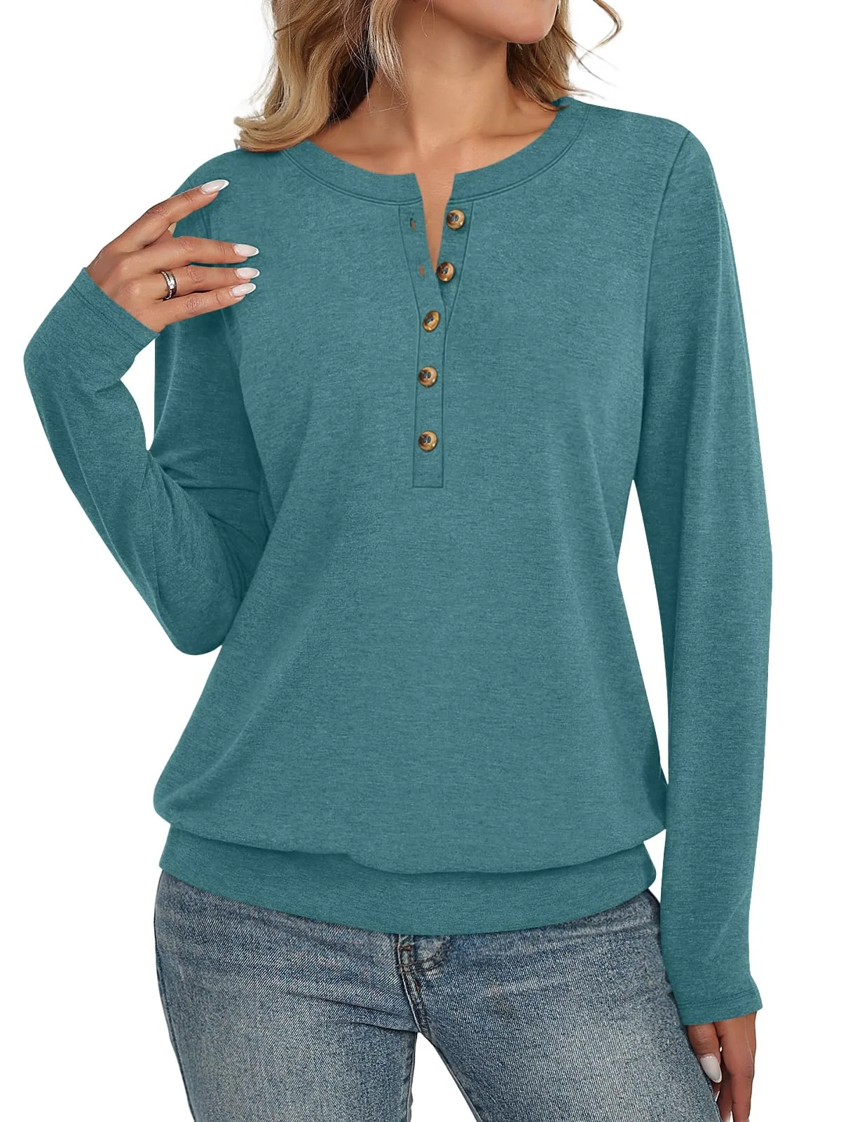 TICTICMIMI Banded-hem long sleeve henley in Teal