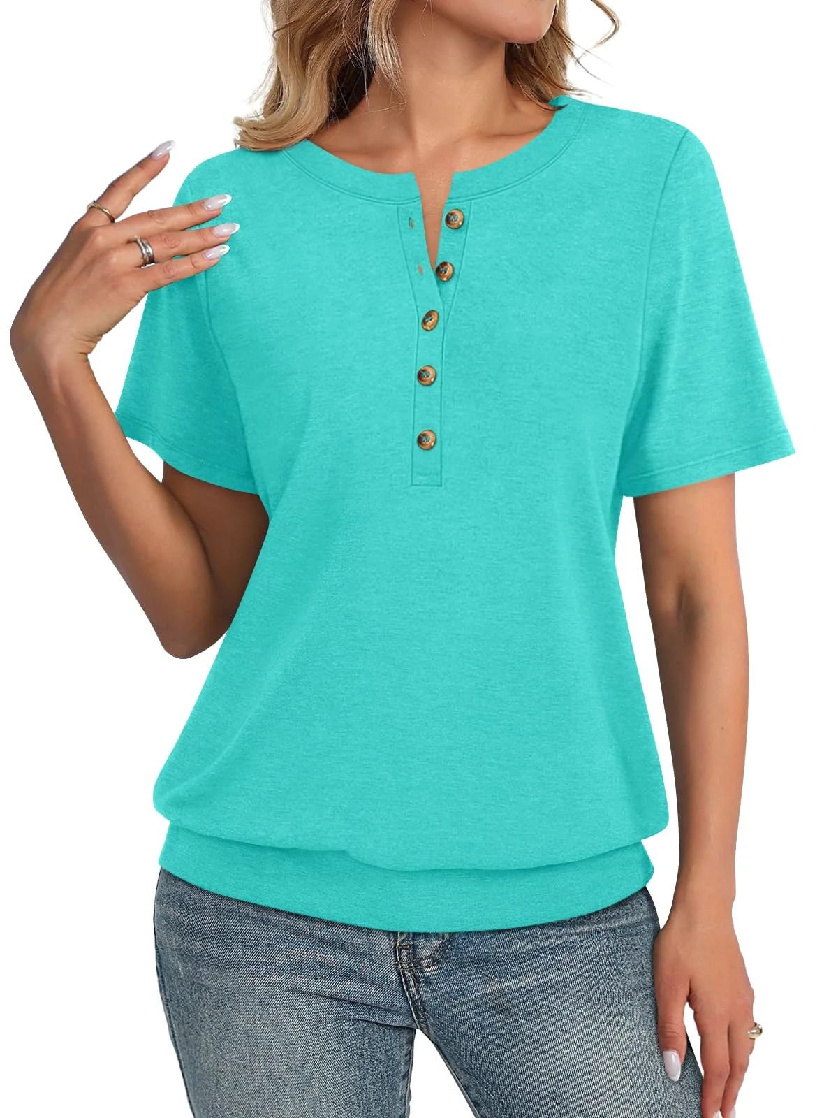 TICTICMIMI Banded-hem short sleeve henley in Aqua