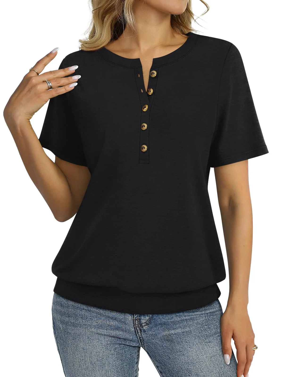 TICTICMIMI Banded-hem short sleeve henley in Black