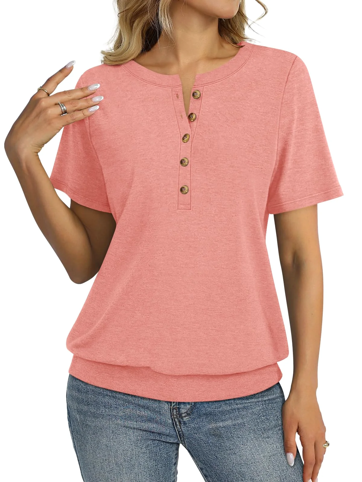 TICTICMIMI Banded-hem short sleeve henley in Coral