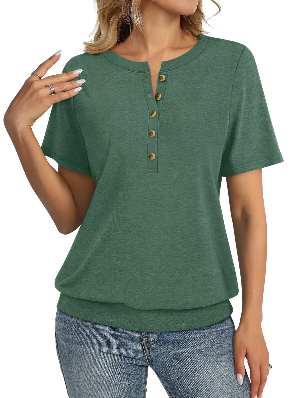 TICTICMIMI Banded-hem short sleeve henley in Green