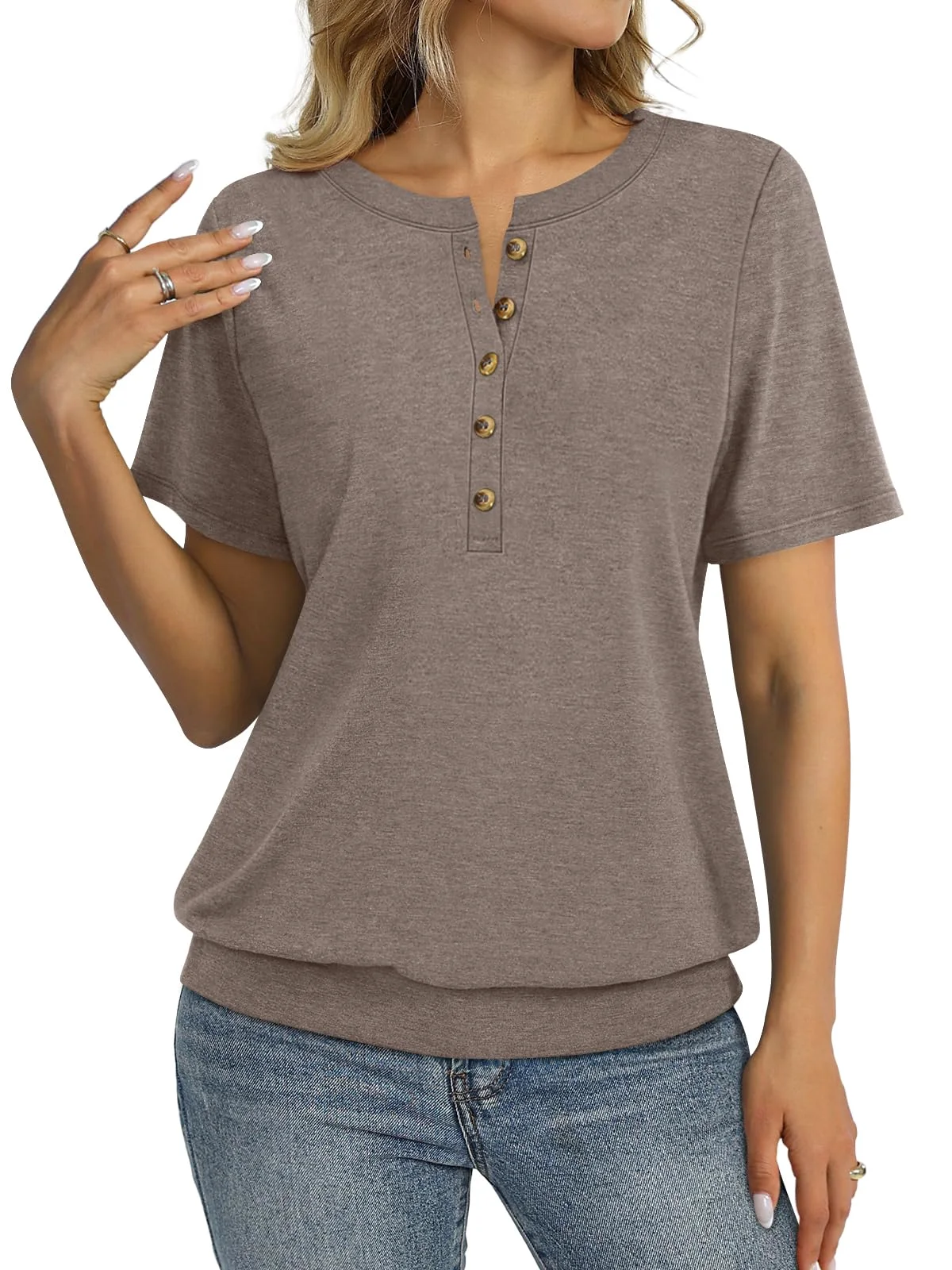 TICTICMIMI Banded-hem short sleeve henley in Khaki