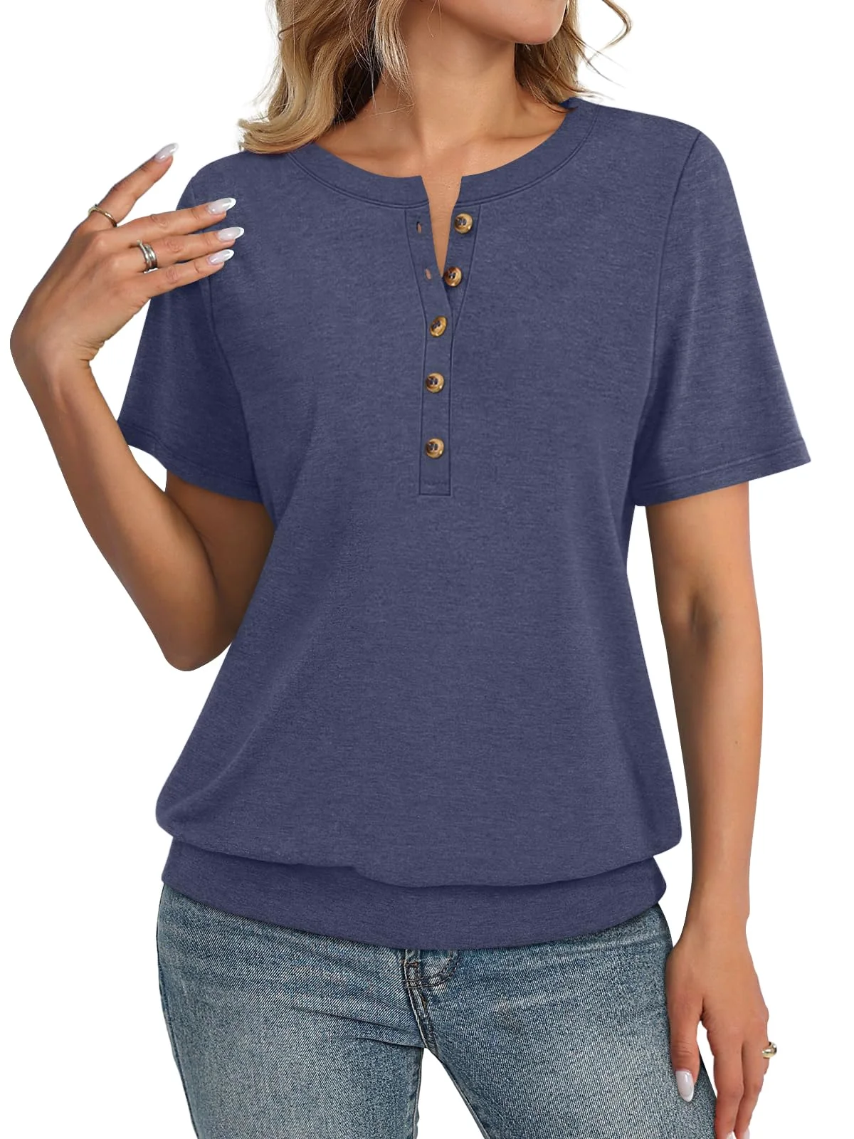 TICTICMIMI Banded-hem short sleeve henley in Navy