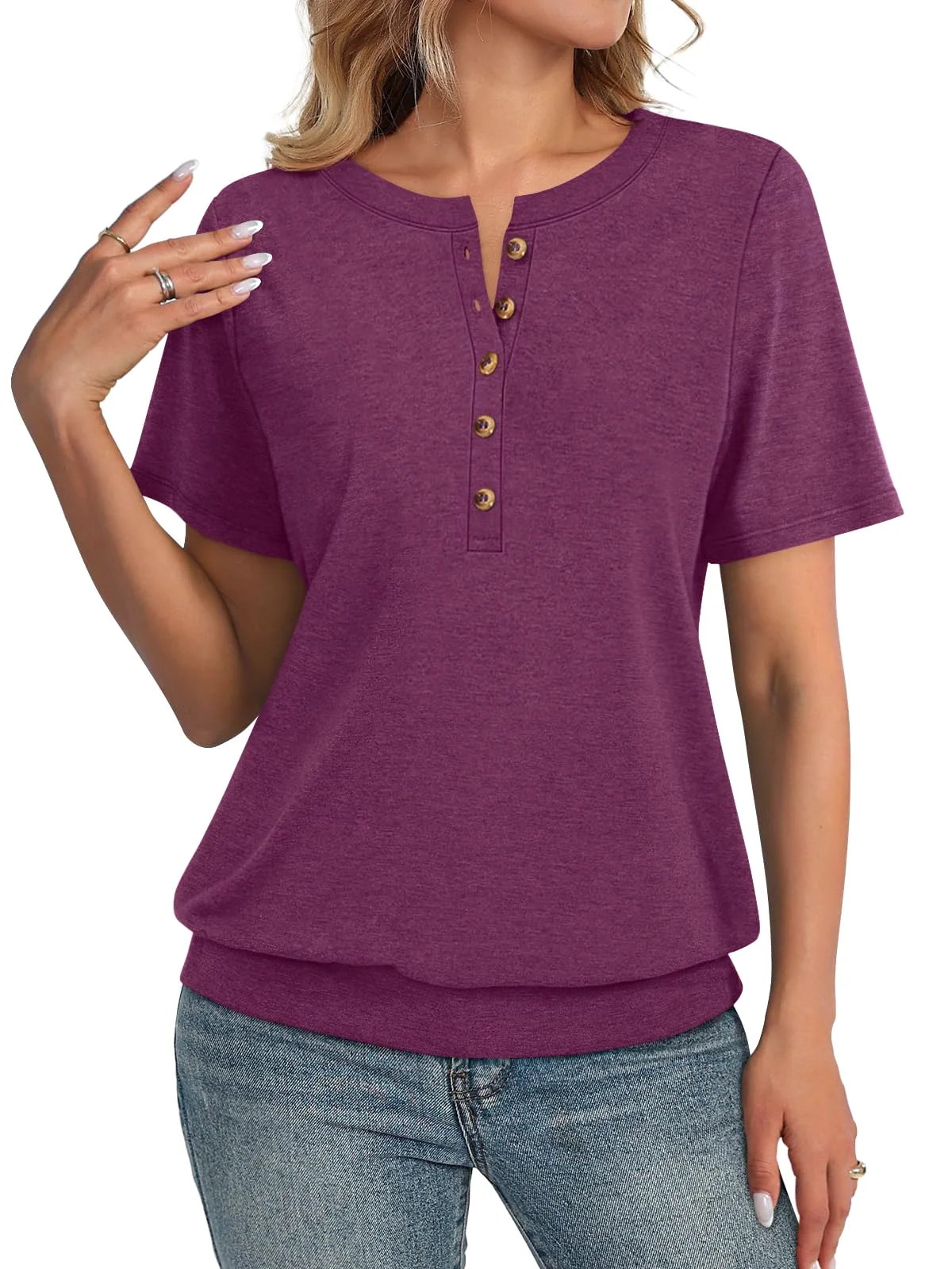 TICTICMIMI Banded-hem short sleeve henley in Plum