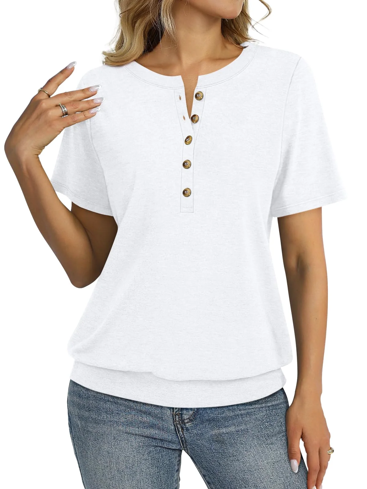 TICTICMIMI Banded-hem short sleeve henley in White