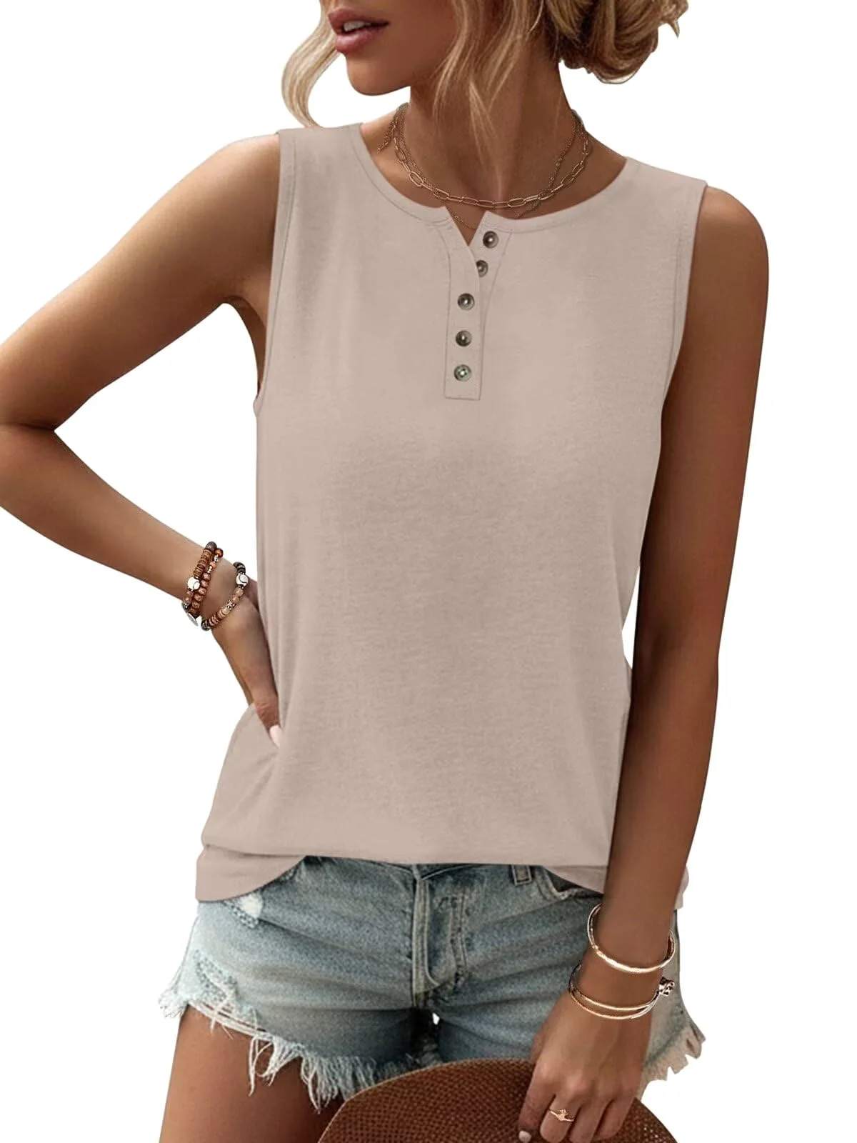 TICTICMIMI Button crewneck tank in Apricot