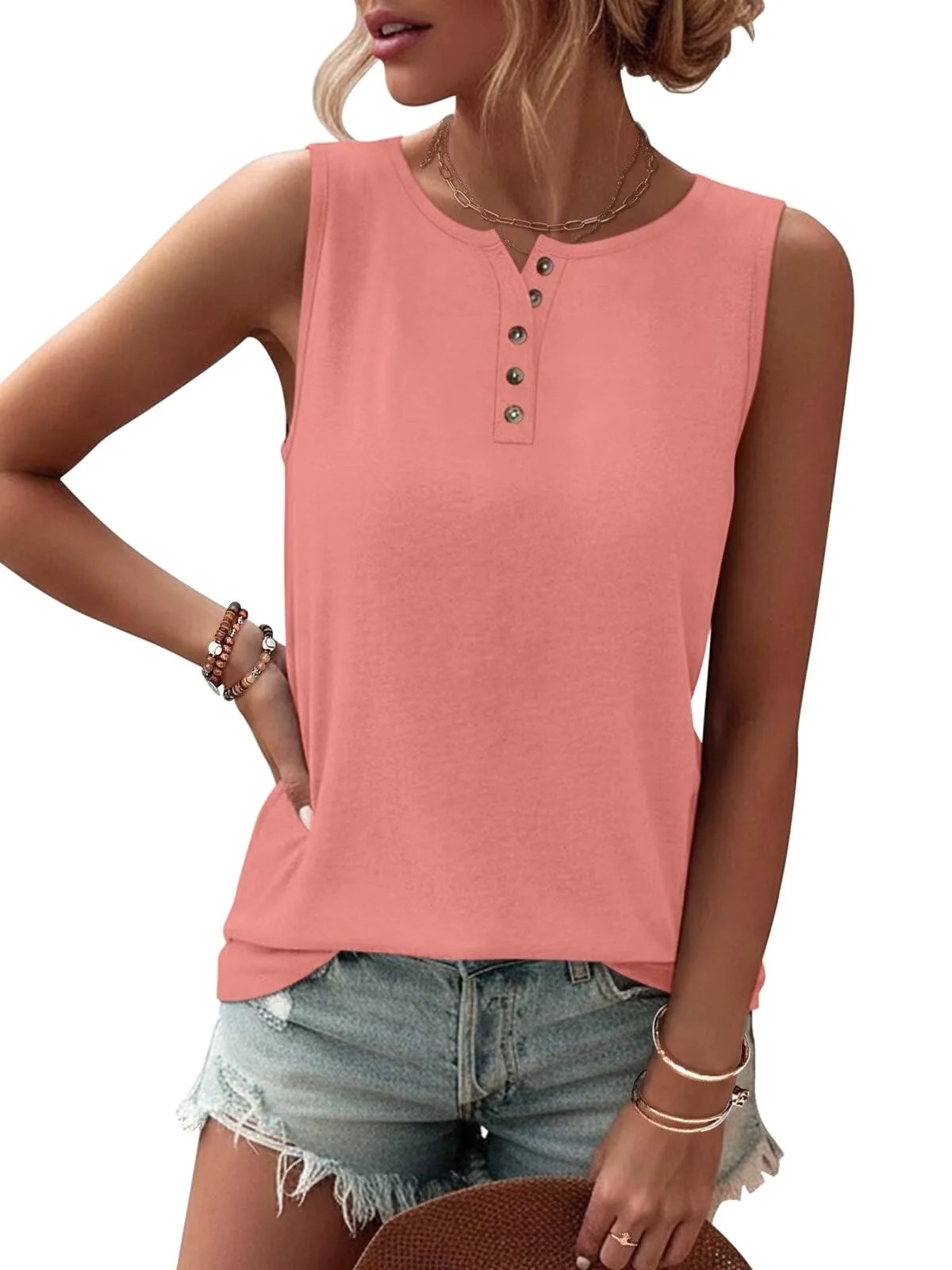 TICTICMIMI Button crewneck tank in Coral
