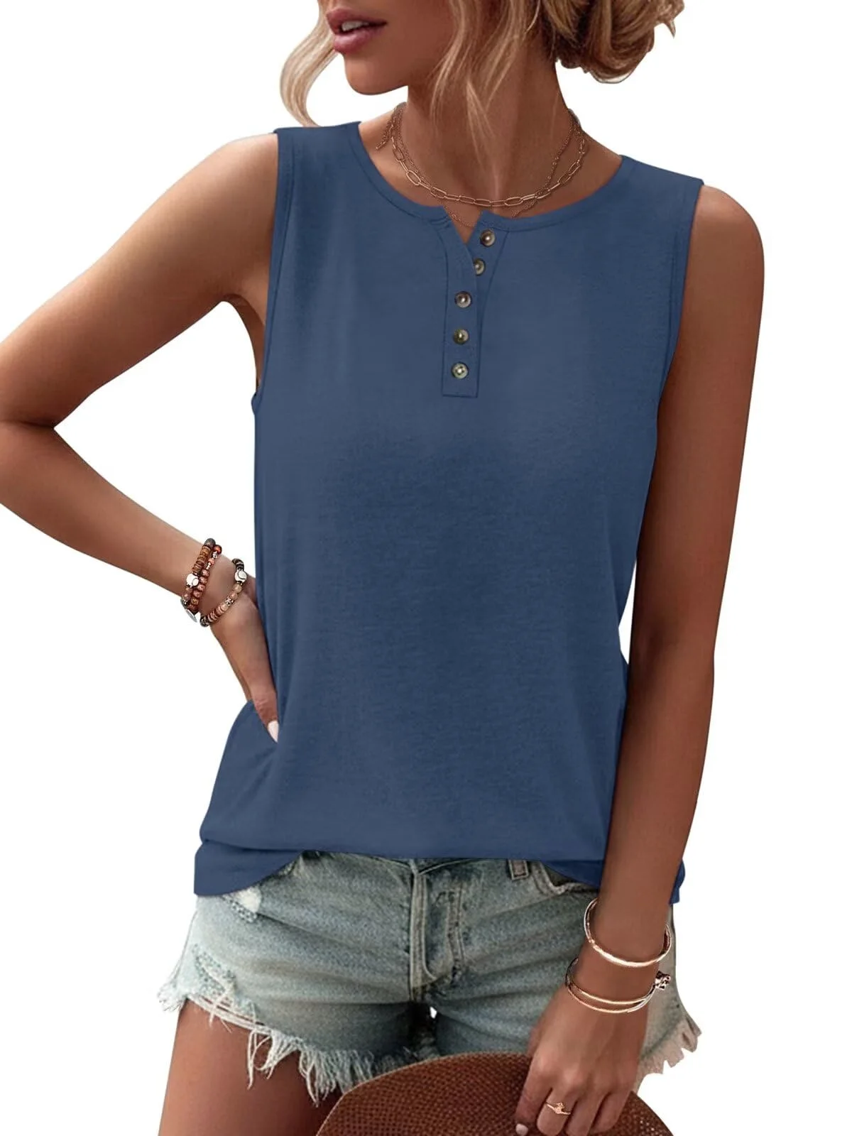 TICTICMIMI Button crewneck tank in Navy