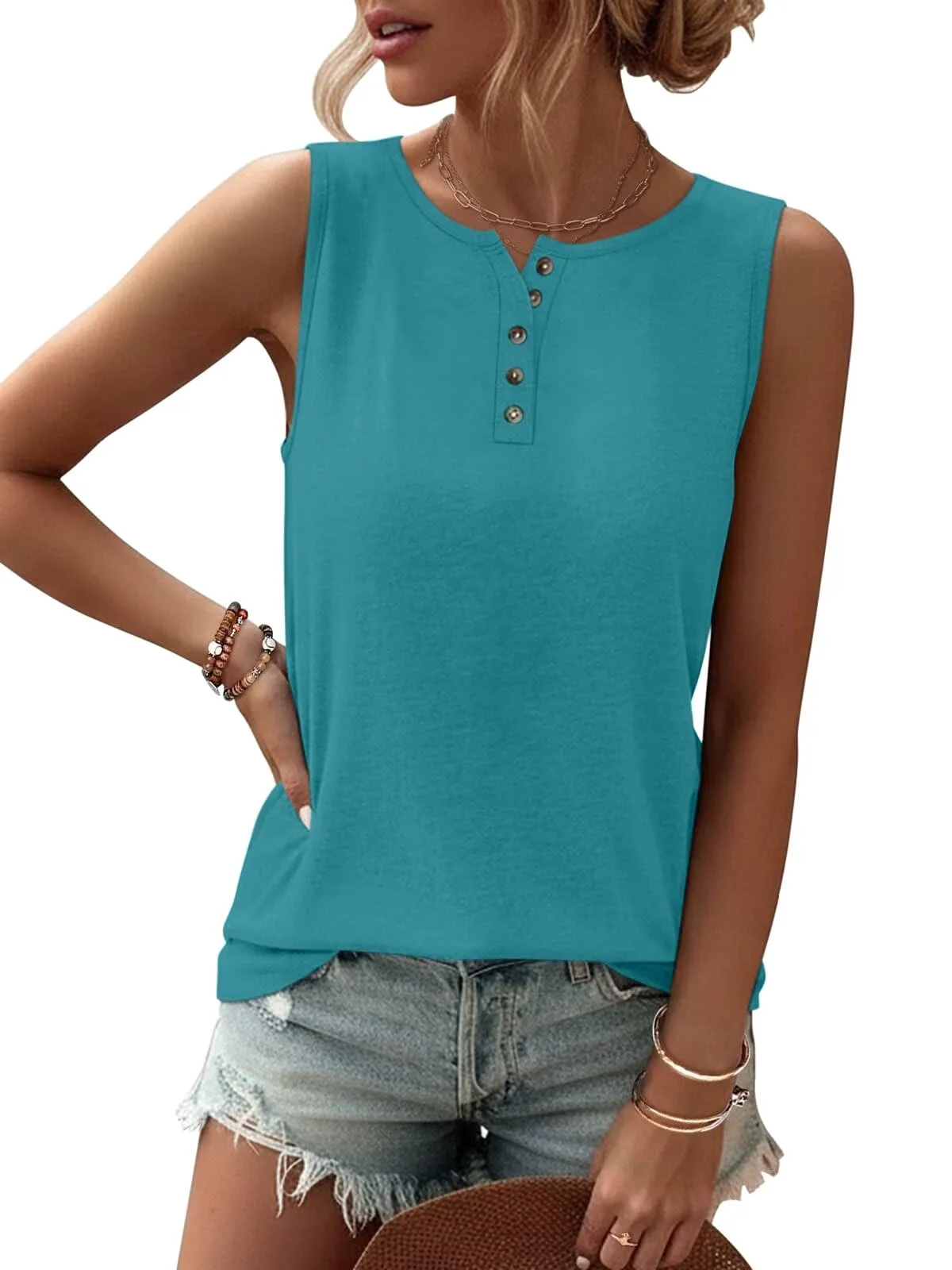 TICTICMIMI Button crewneck tank in Teal