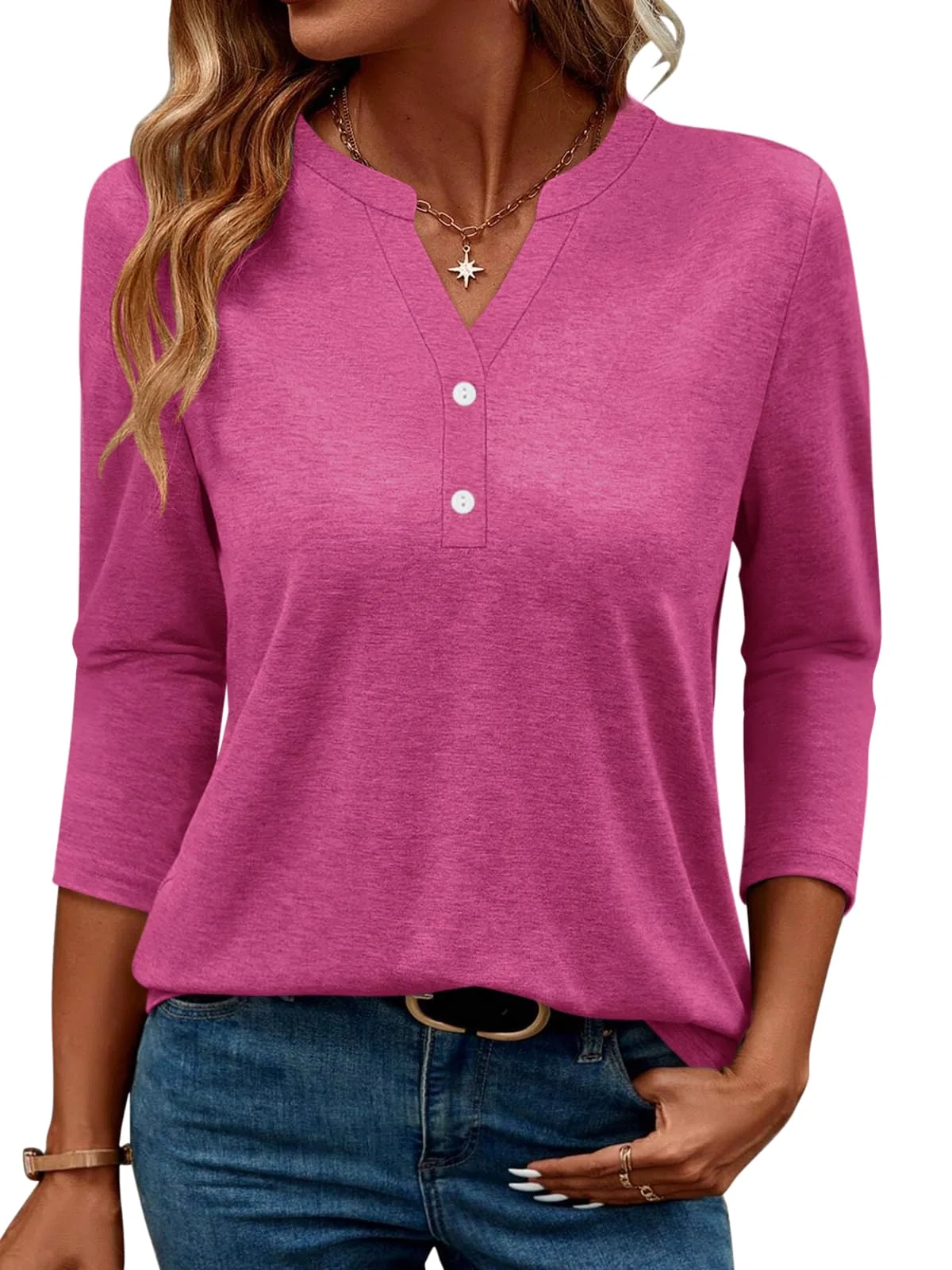TICTICMIMI Button V-neck 3/4 sleeve tunic in Hot Pink