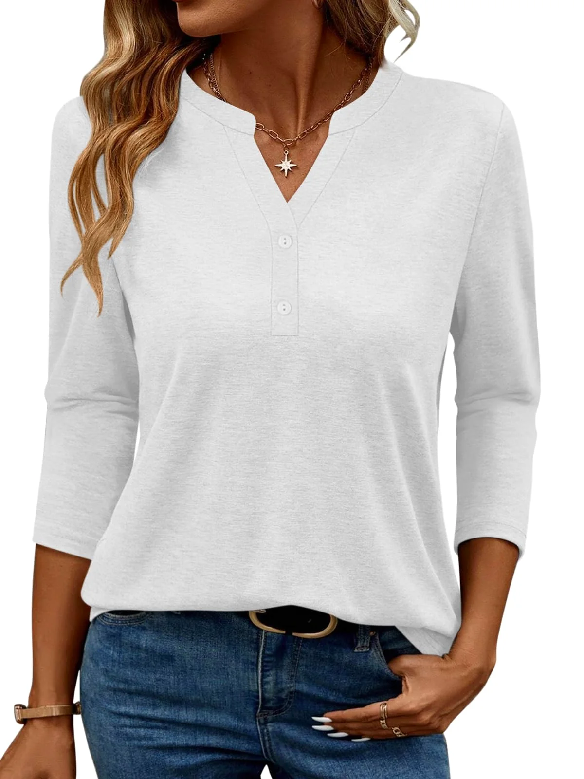TICTICMIMI Button V-neck 3/4 sleeve tunic in White