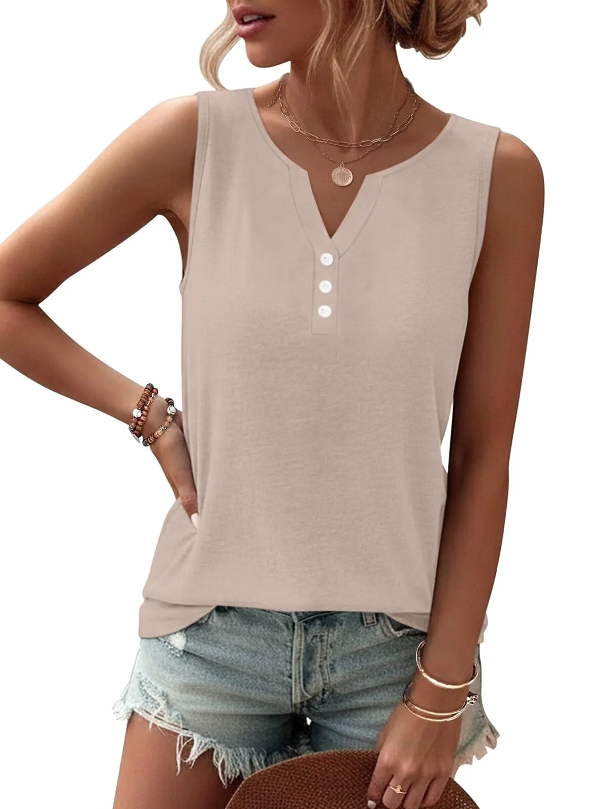 TICTICMIMI Button V-neck tank in Apricot