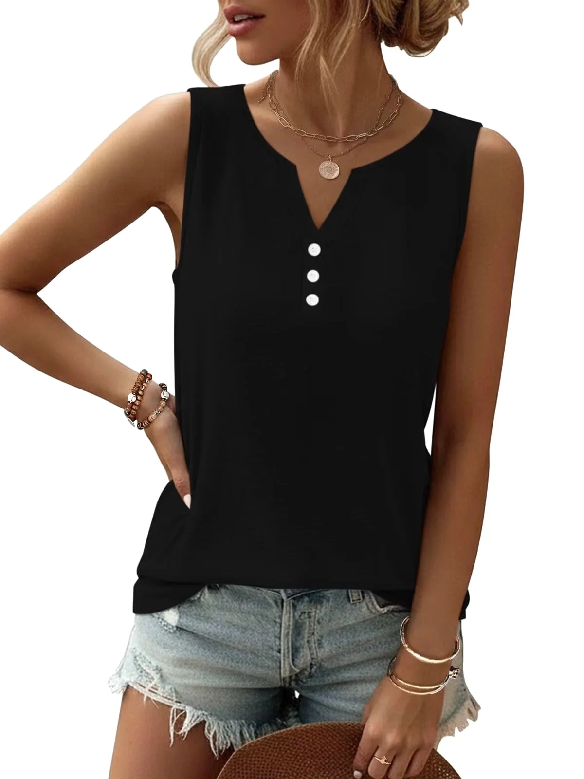 TICTICMIMI Button V-neck tank in Black