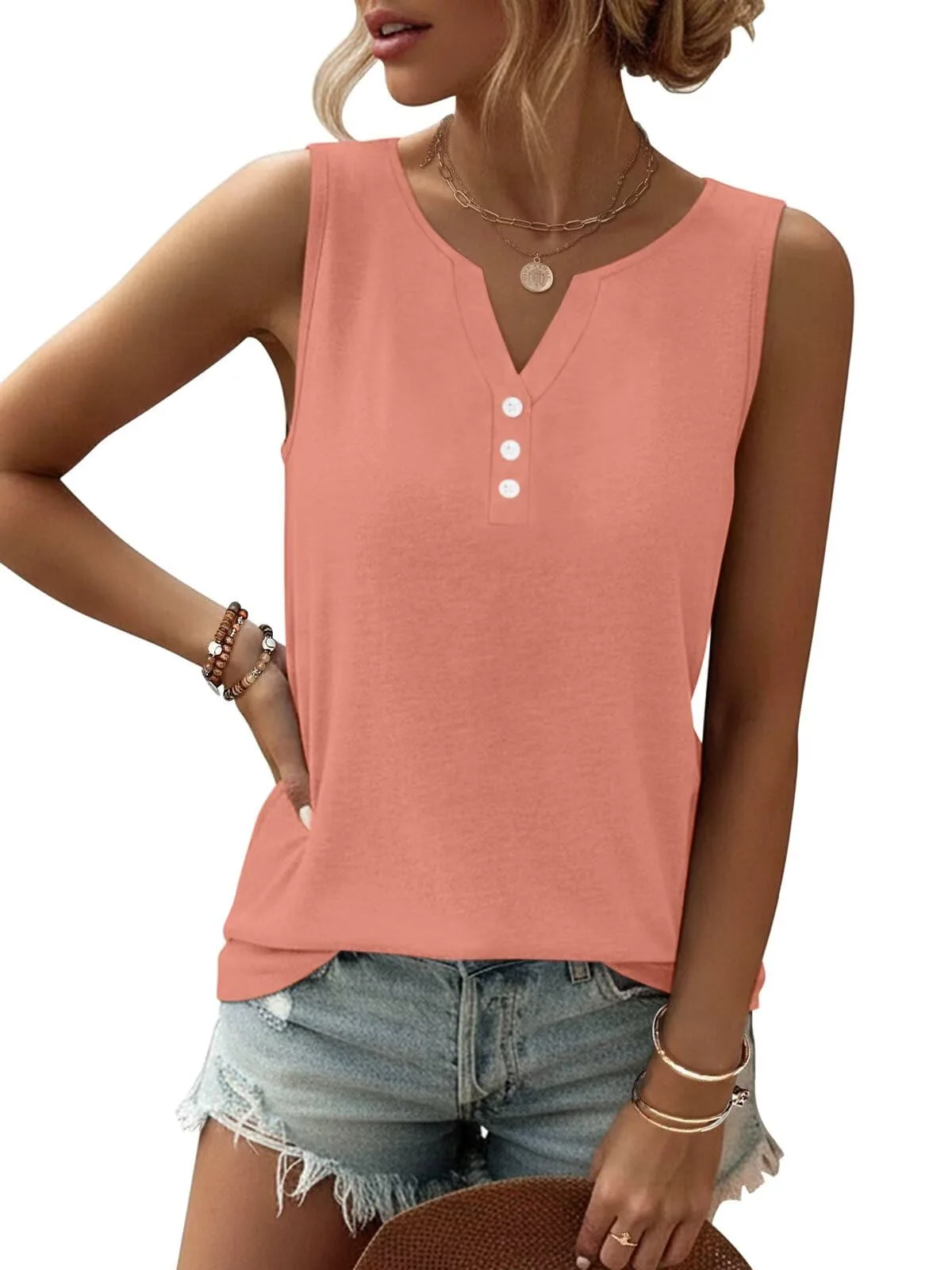 TICTICMIMI Button V-neck tank in Coral