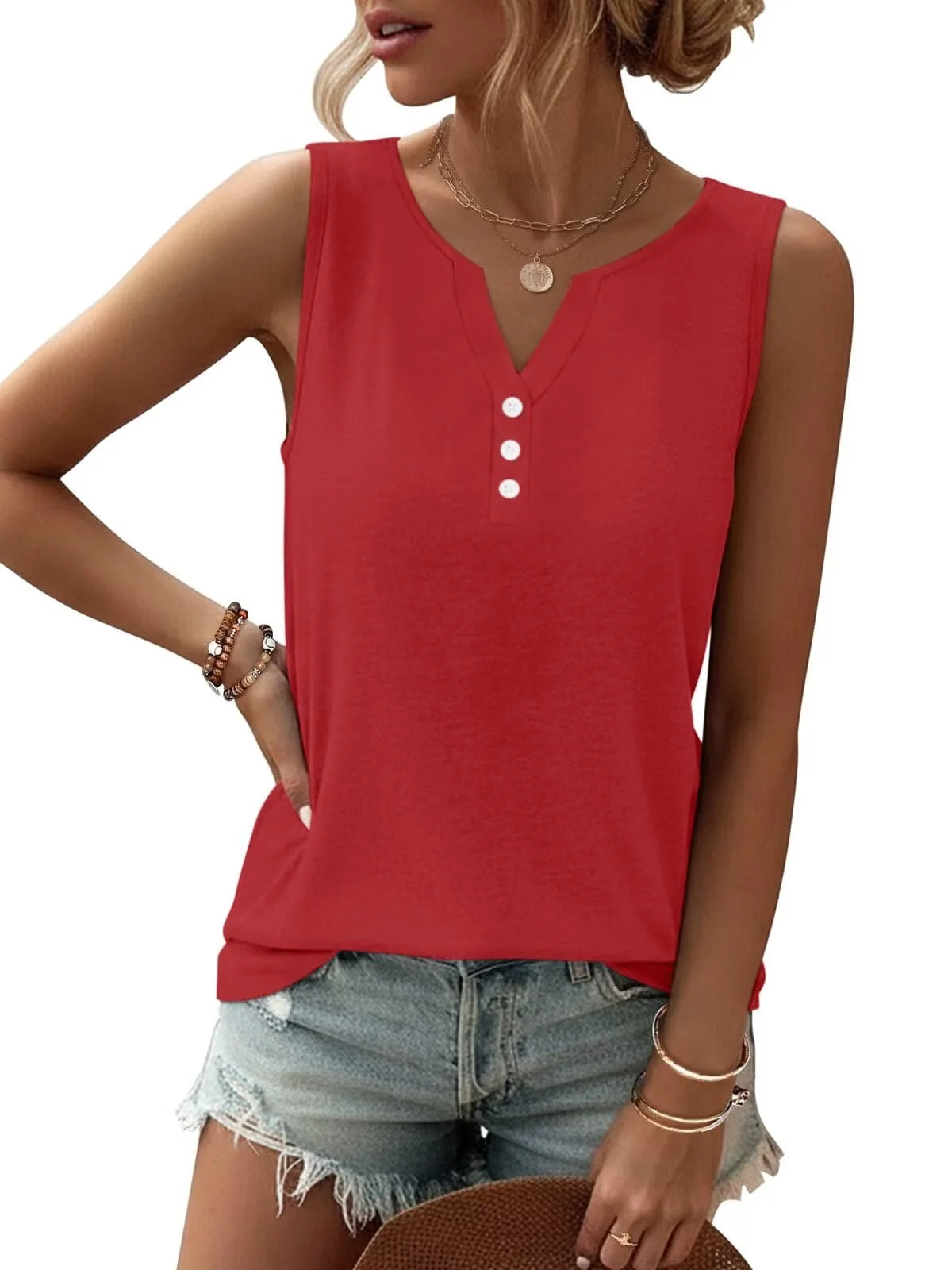 TICTICMIMI Button V-neck tank in Red