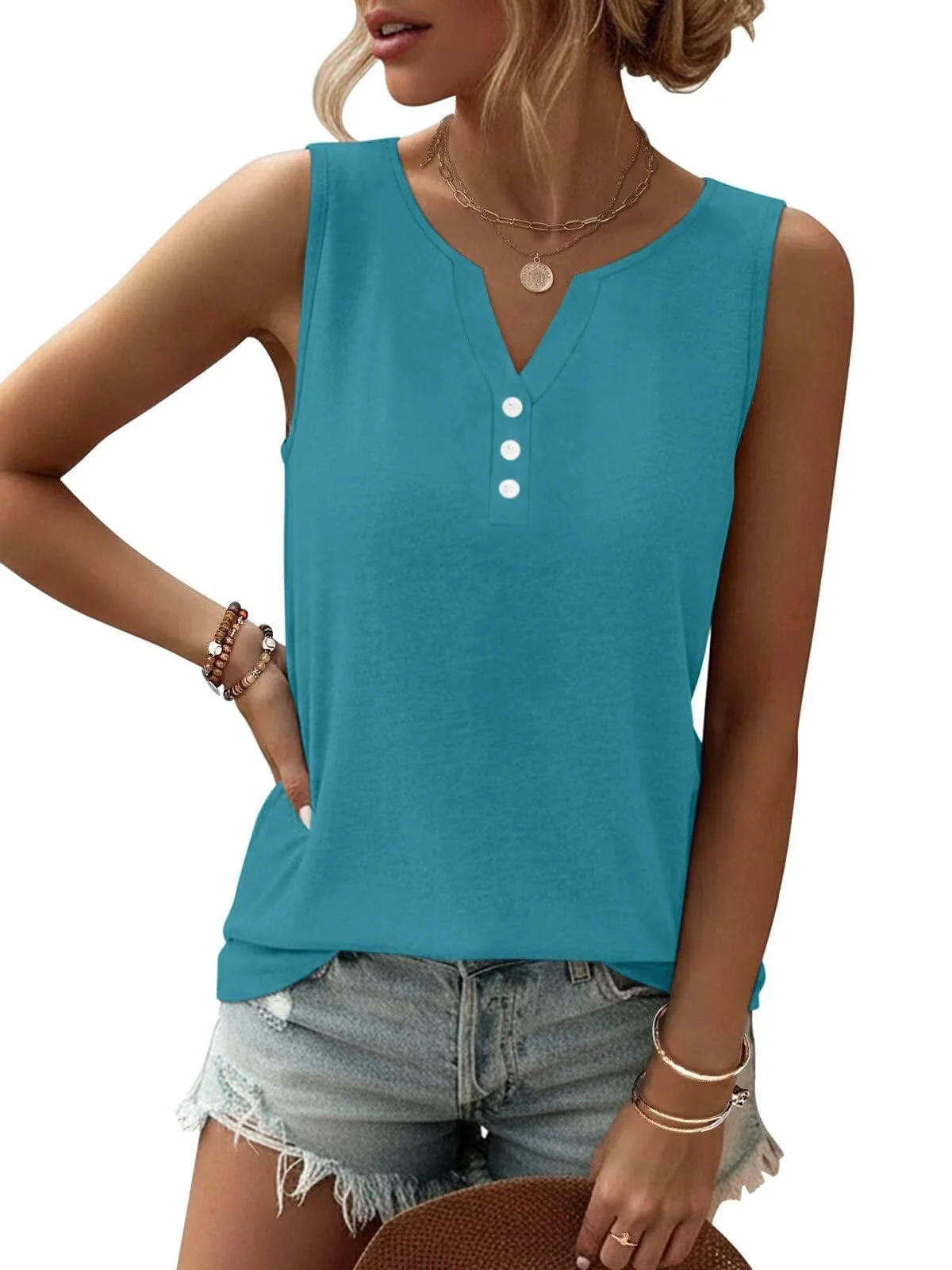 TICTICMIMI Button V-neck tank in Teal