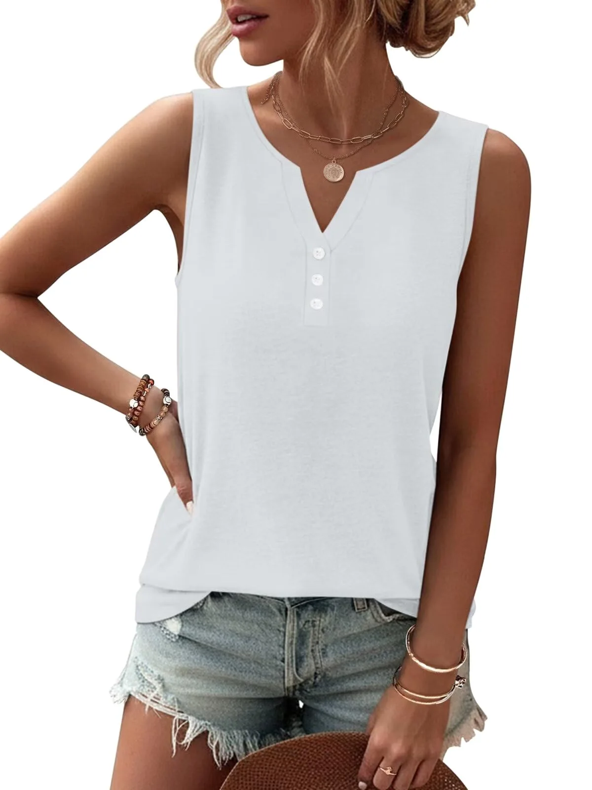 TICTICMIMI Button V-neck tank in White