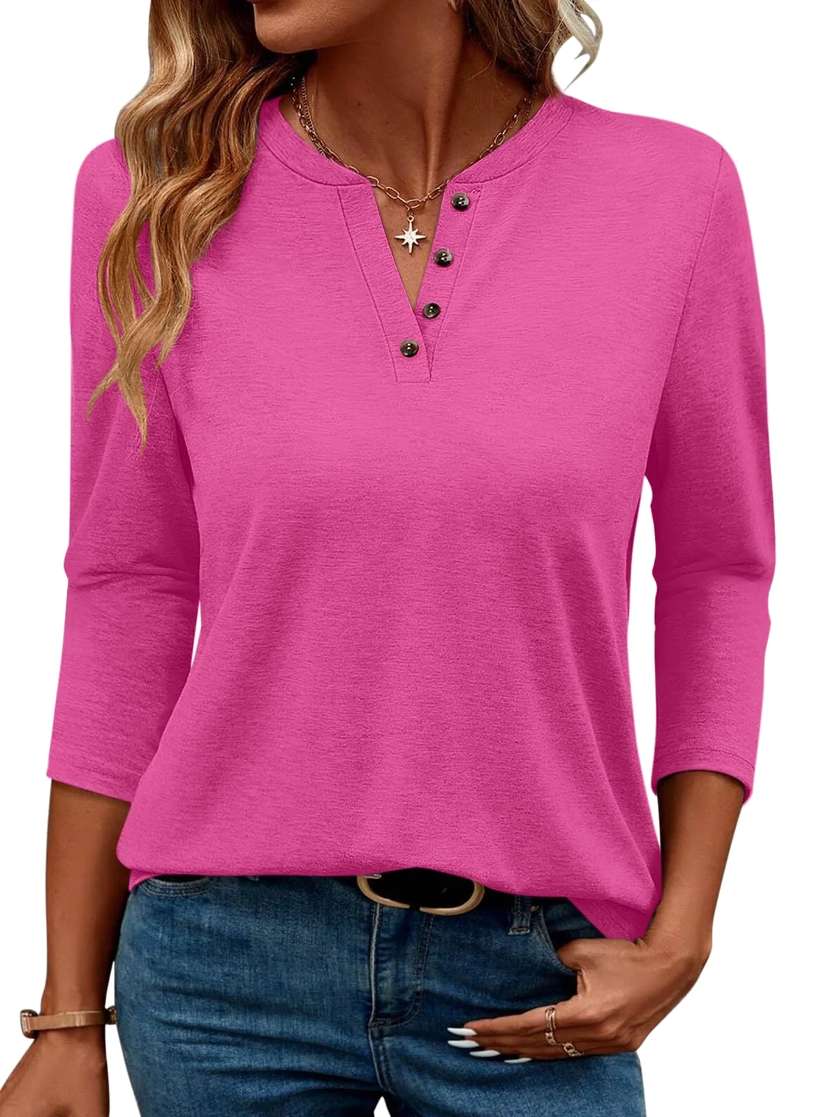 TICTICMIMI Buttoned V-neck 3/4 sleeve blouse in Hot Pink
