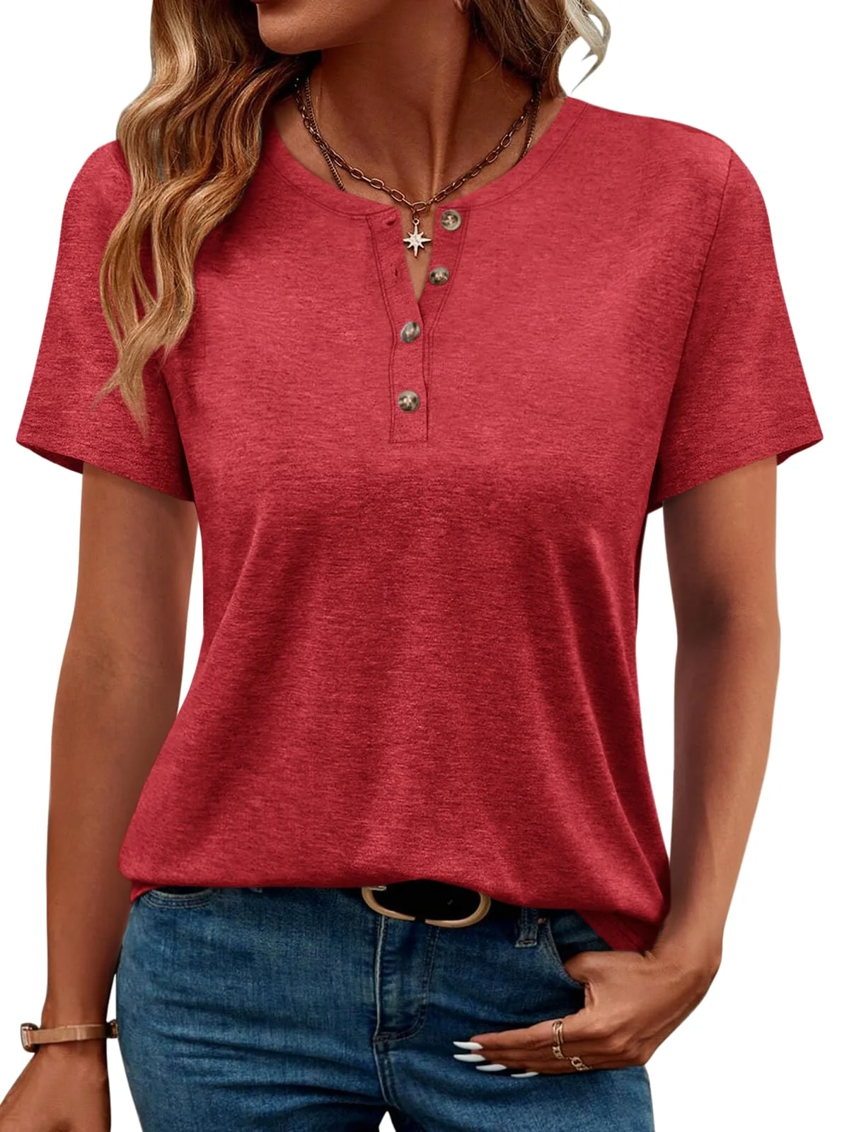 TICTICMIMI Classic short sleeve henley in Red