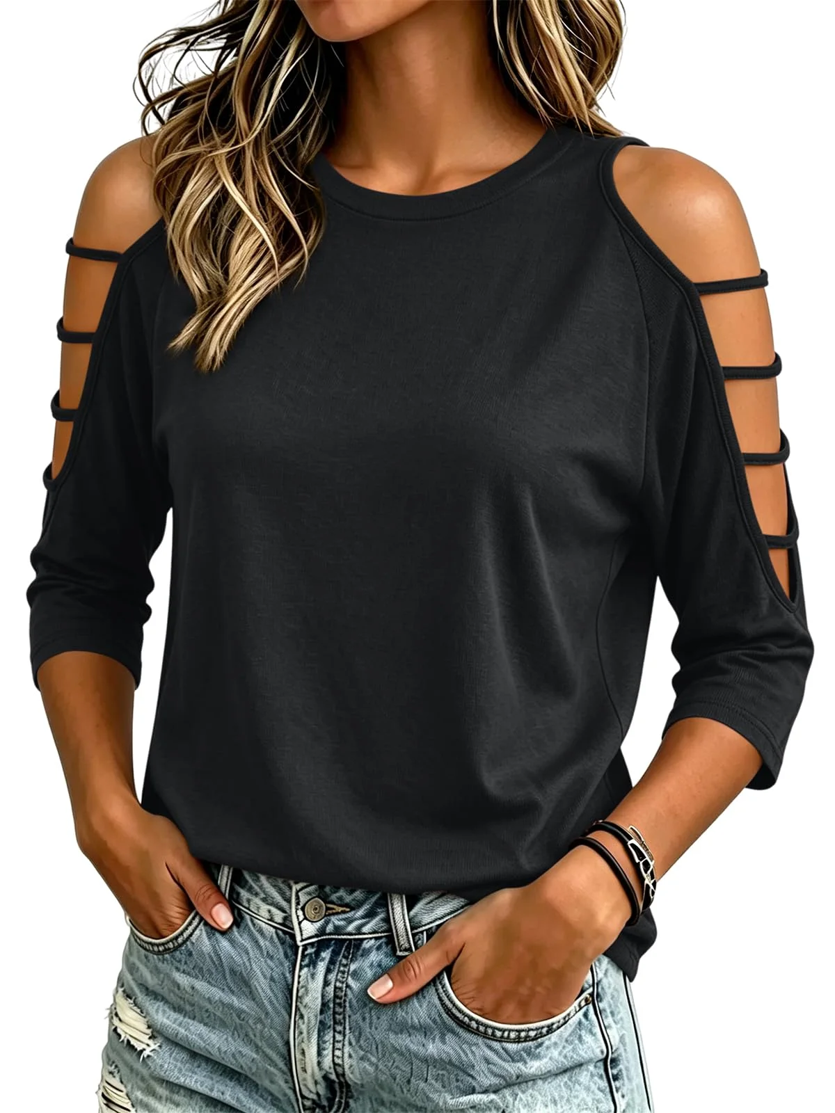 TICTICMIMI Cold shoulder 3/4 sleeve tee in Black