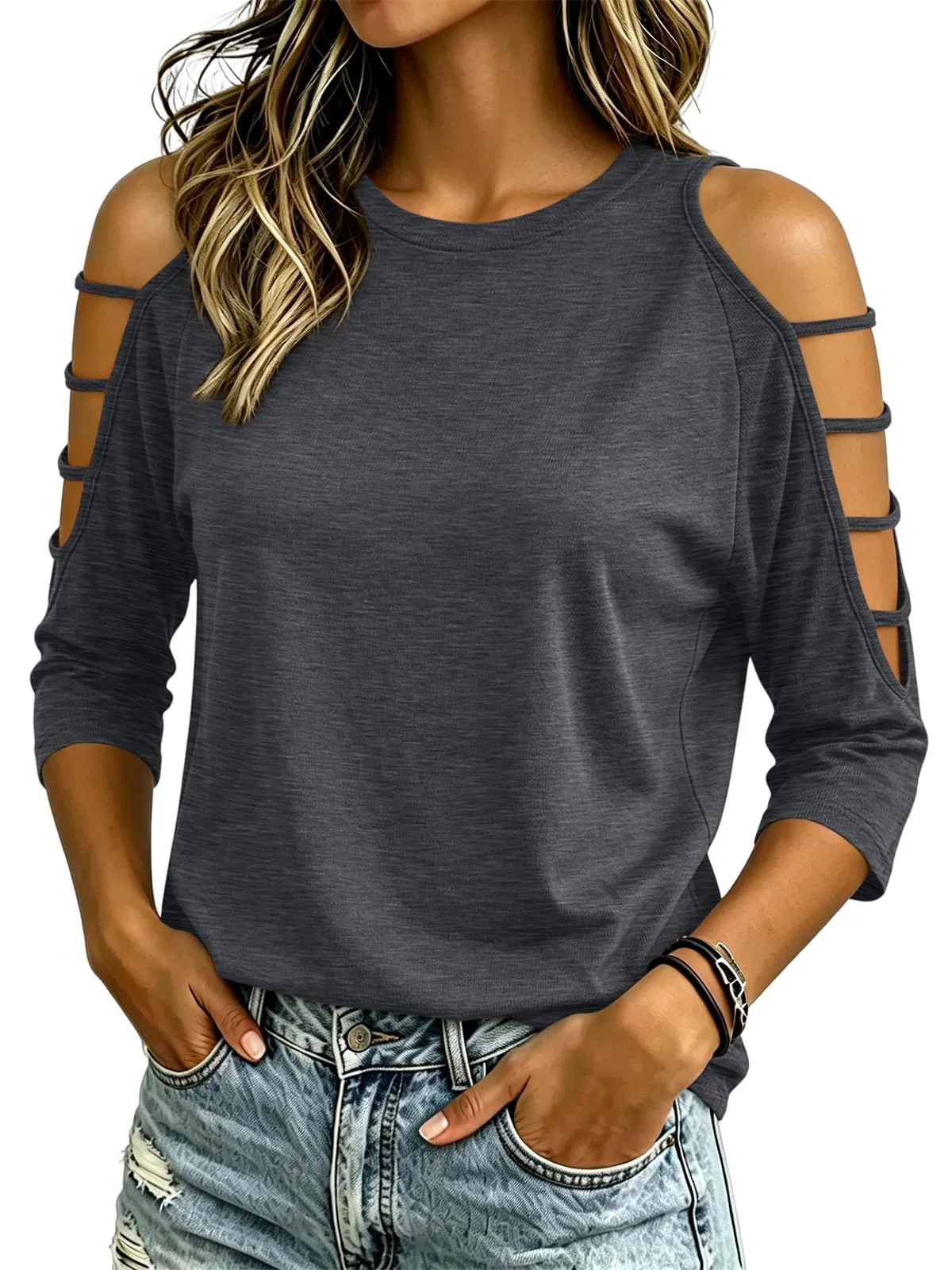 TICTICMIMI Cold shoulder 3/4 sleeve tee in Dark Gray