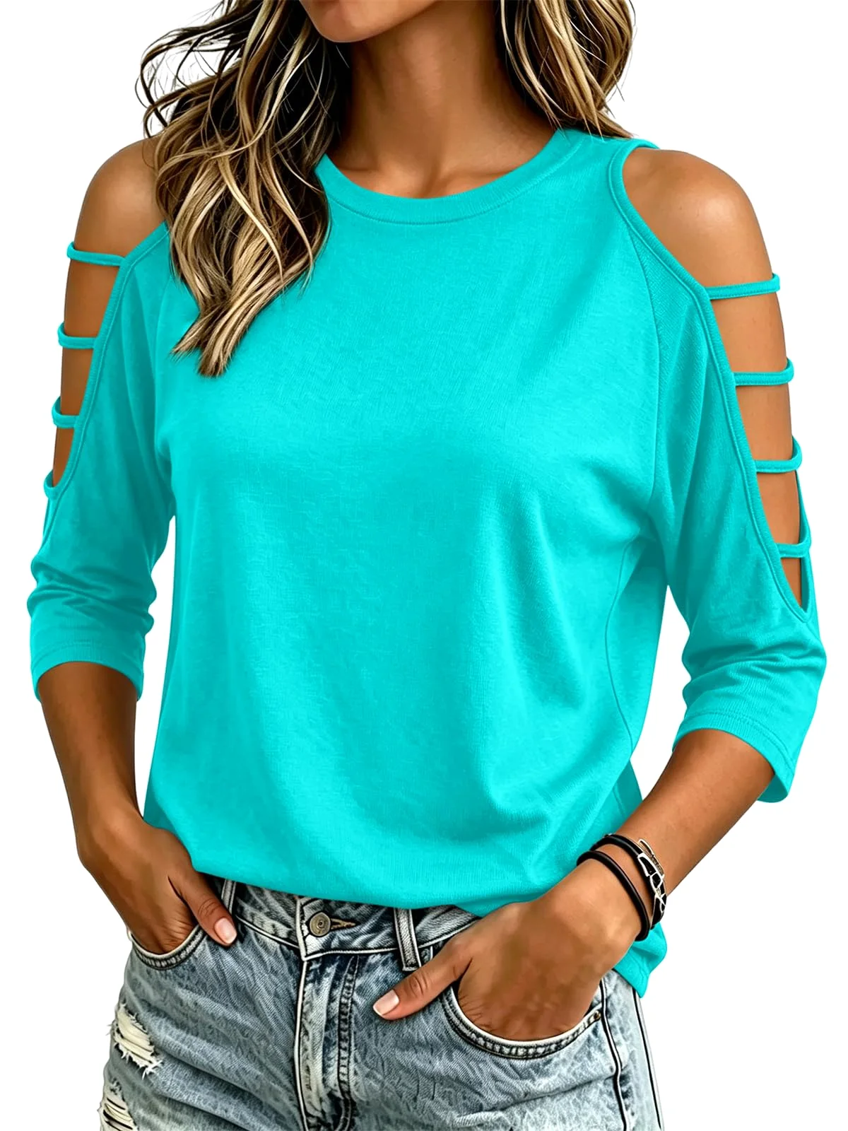 TICTICMIMI Cold shoulder 3/4 sleeve tee in Lake Blue