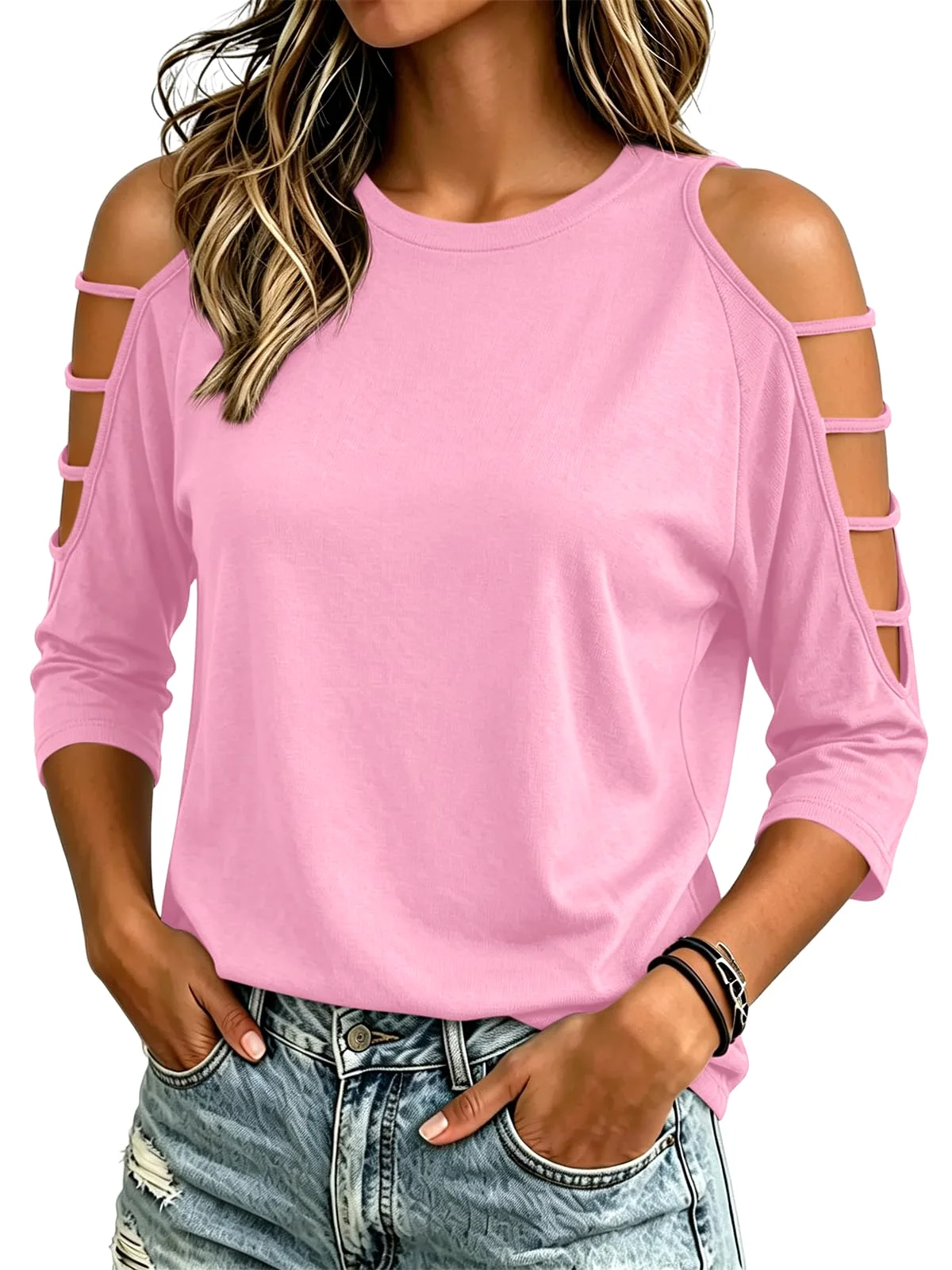 TICTICMIMI Cold shoulder 3/4 sleeve tee in Pink